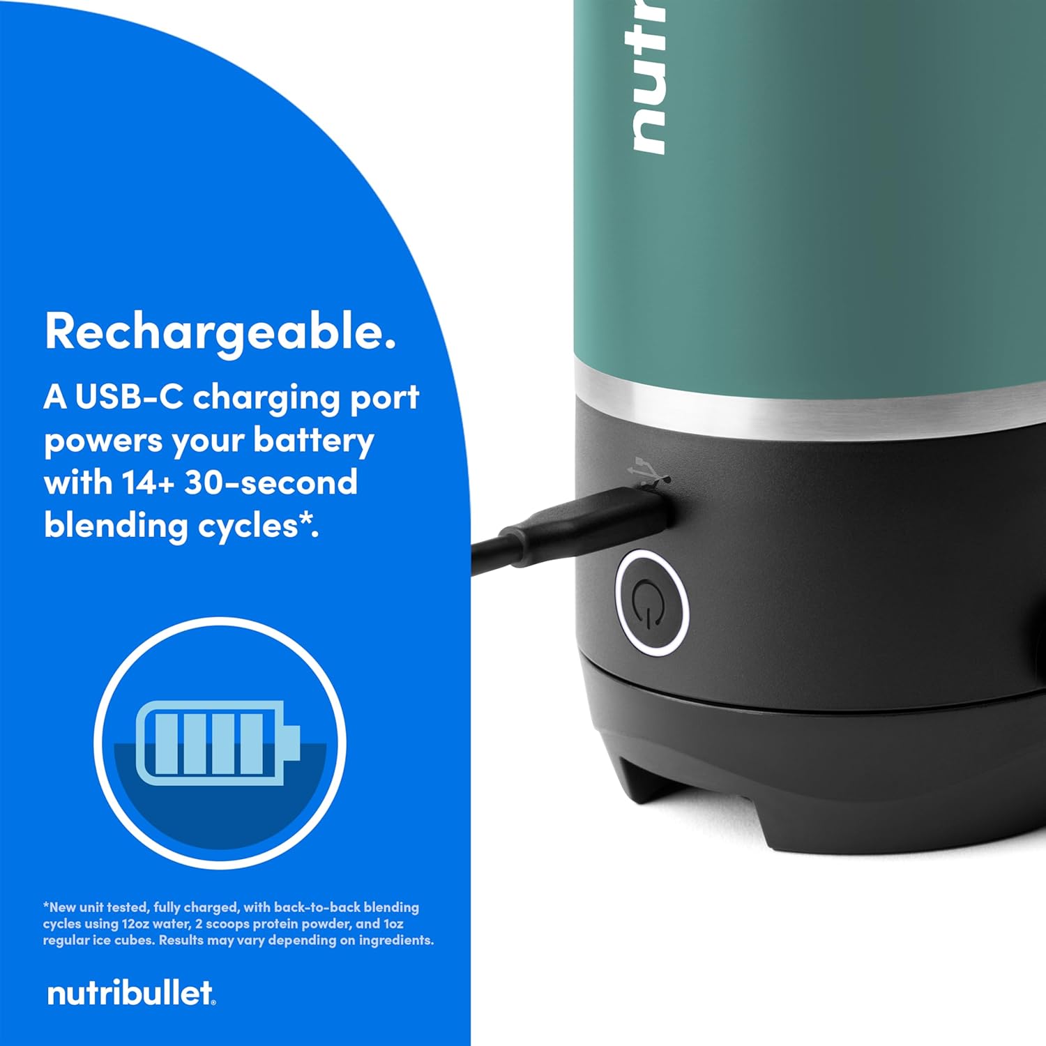 Close-up of the nutribullet Flip motor base showing the USB-C charging port and power button. Text overlay indicates 'Rechargeable. A USB-C charging port powers your battery with 14+ 30-second blending cycles*'.