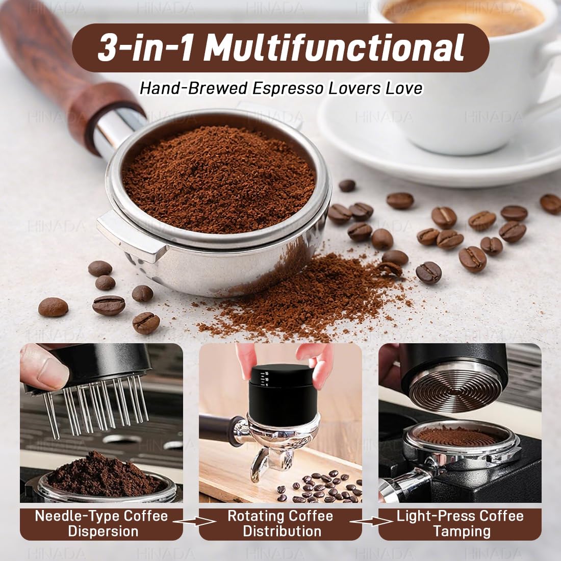HiNADA Café Tamper 51mm, Distribuidor de Café 3-en-1 y Tamper con Herramienta WDT, Set de Distribución de Café Ajustable, Accesorios Profesionales Espresso para Portafiltros (51mm)