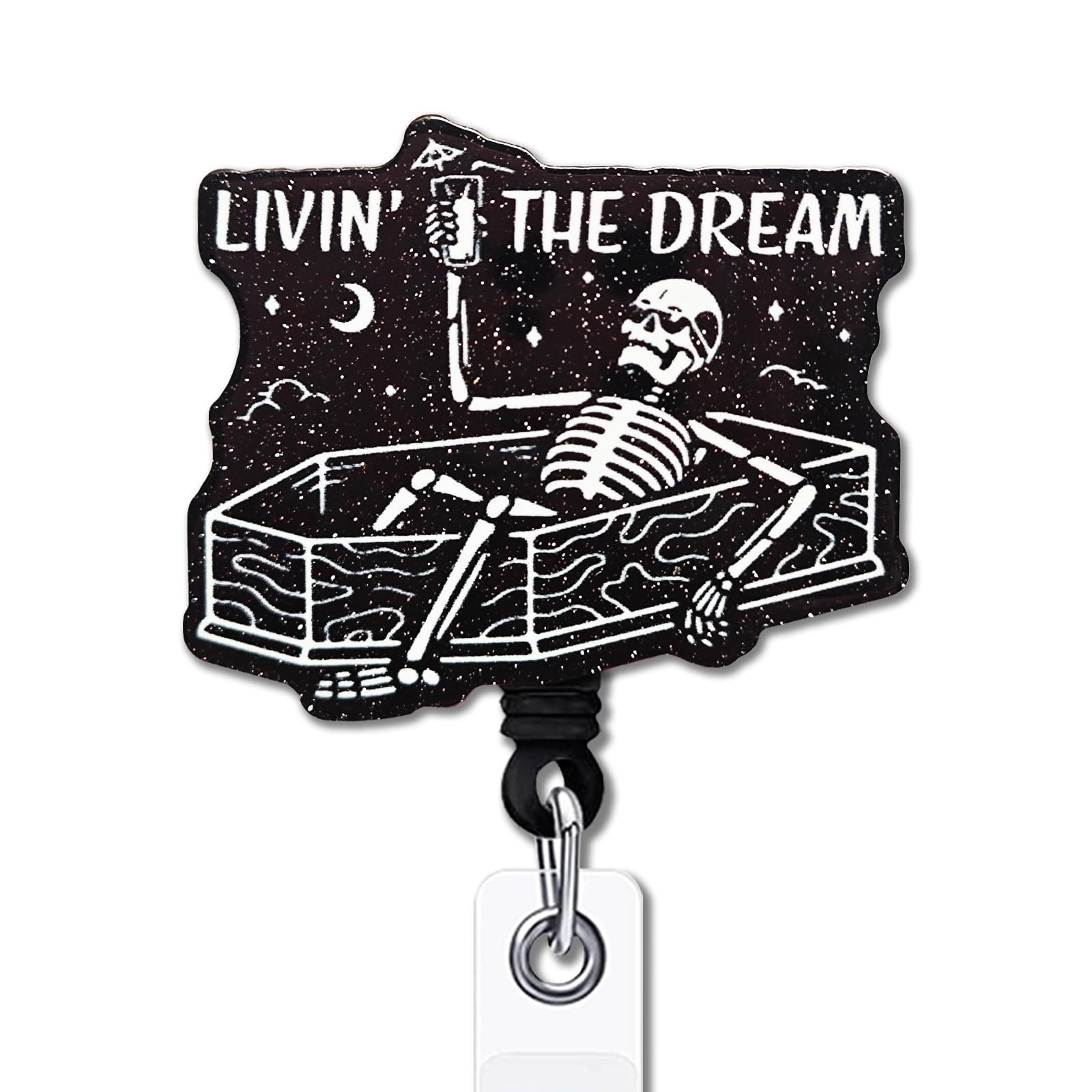 YAZMEEN Nurse Retractable Badge Reel with Alligator Clip Livin' the Dream ID Card Badge Holder Sarcastic Badge Funny Skeleton Black Glitter Badge Reel