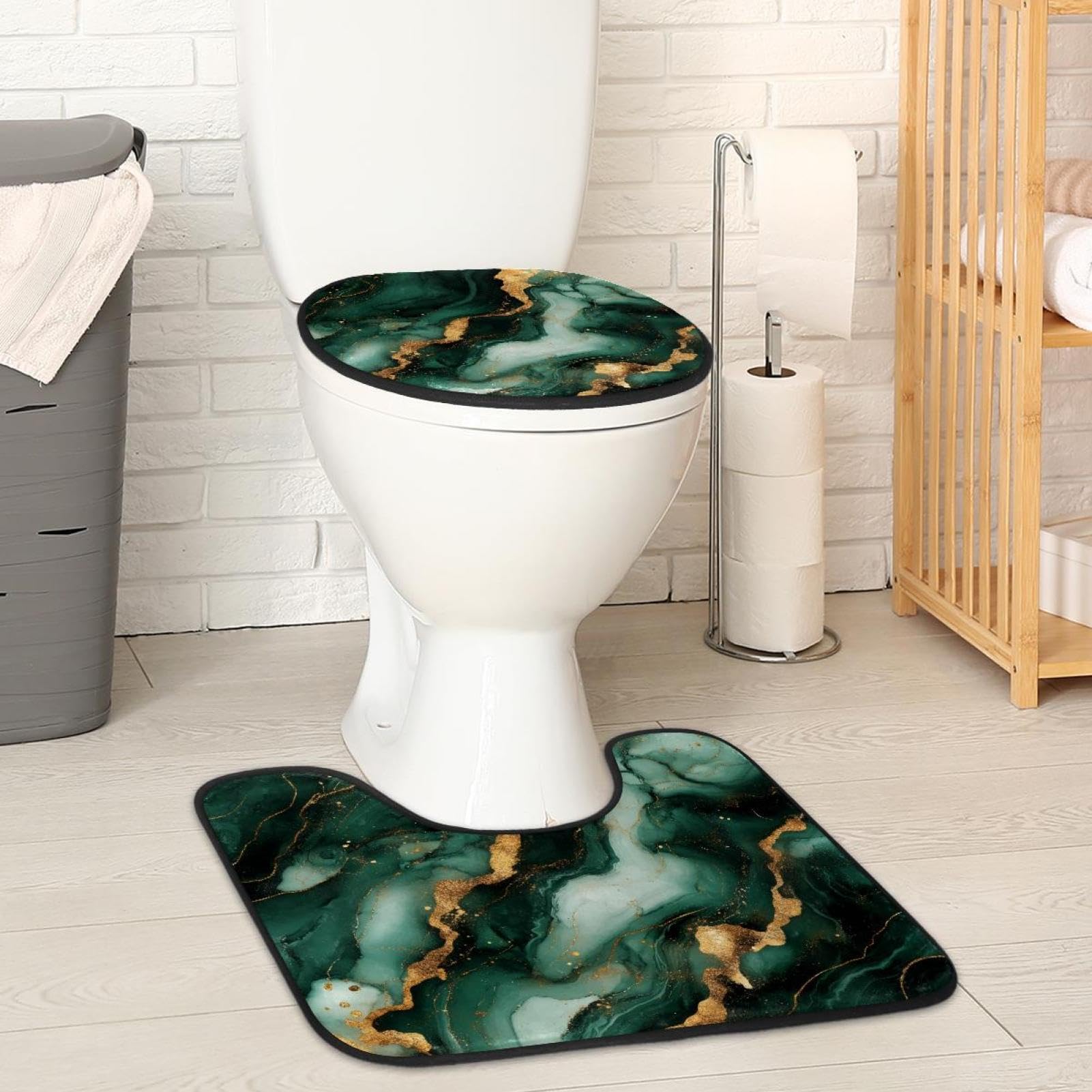 2 Pieces Flannel Toilet Contour Mat and Toilet Lid Cover, Soft Toilet Lid Cover Set Machine Washable Non Slip Contour Mat for Bathroom Decor Accessories