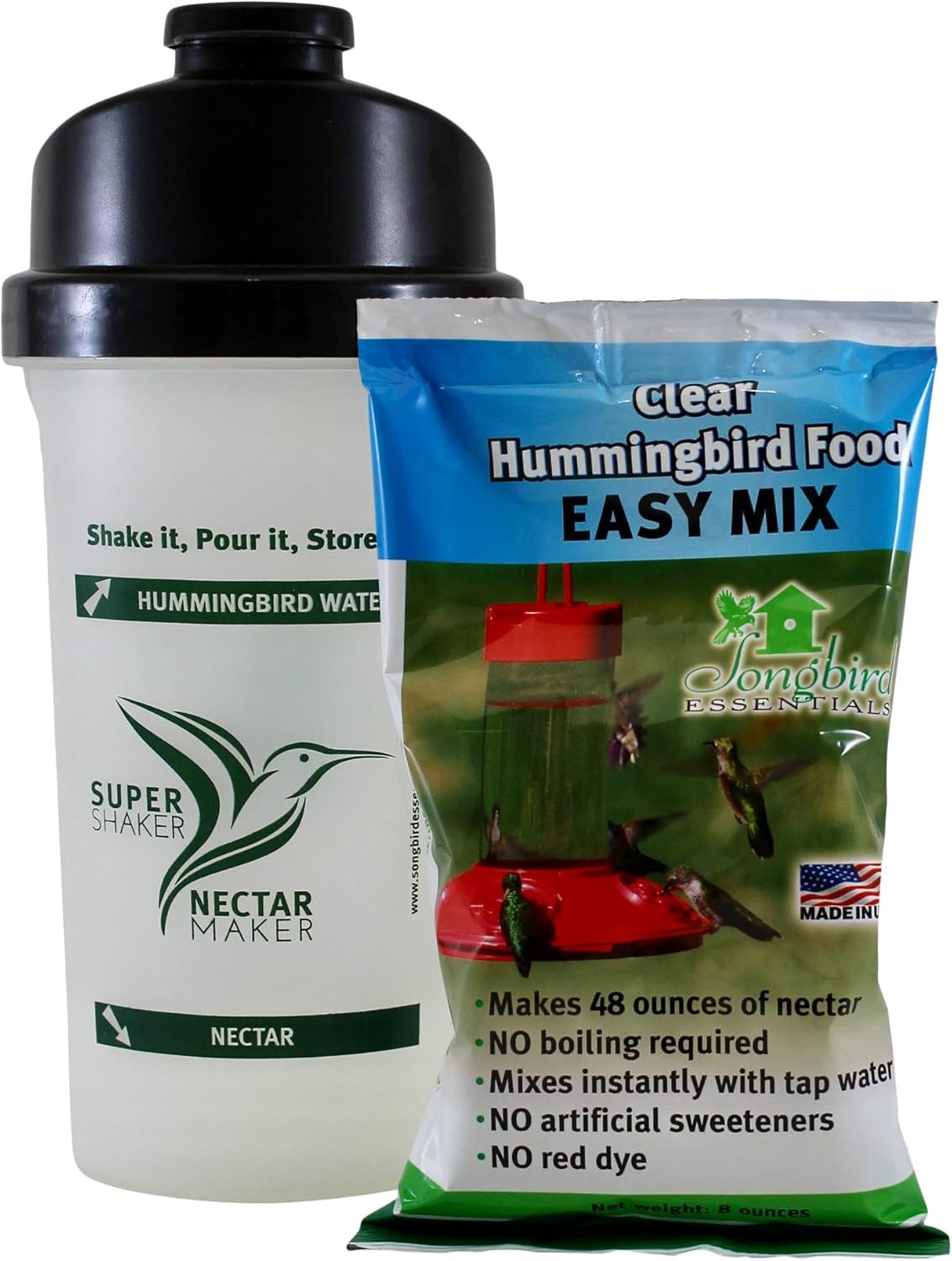Songbird Essentials Clear Oriole and Hummingbird Nectar Mix and Nectar Maker Shaker Bundle for Ease in Making Nectar and Filling Nectar Bird Feeders : Patio, Lawn & Garden