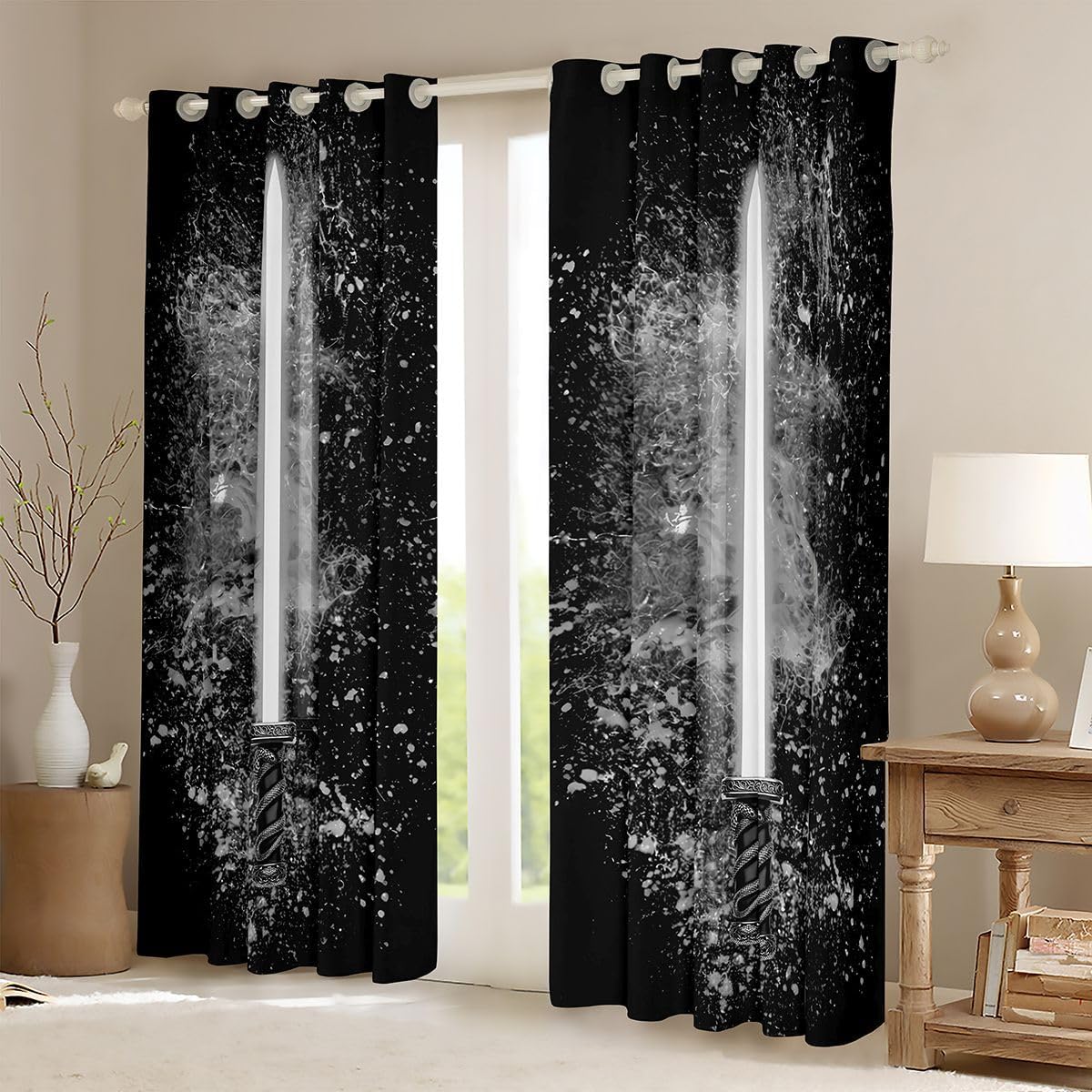 Feelyou Lightsaber Curtains 42W X 63L Inch for Kids Boys Teens Grey Black 2 Panels Window Curtains Bedroom Home Decor Tie Dye Rod Pocket Thermal Insulated Window Treatment Drapes Room Decoration