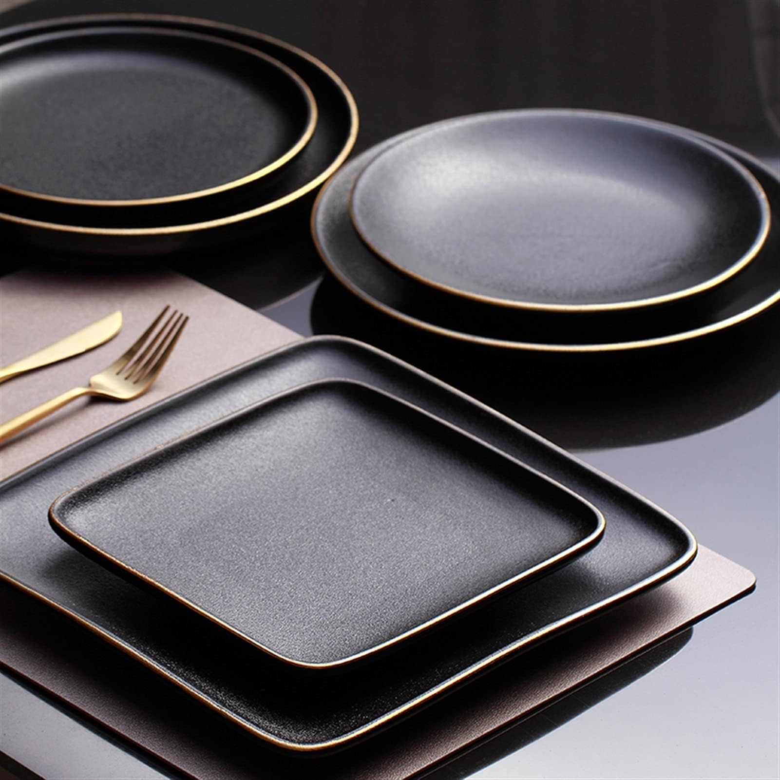 Assiette à dîner Assiette à Steak Occidentale de Style Japonais, Assiette Commerciale créative Noire givrée, Plate Ronde for la Maison, Cuisine(Black)