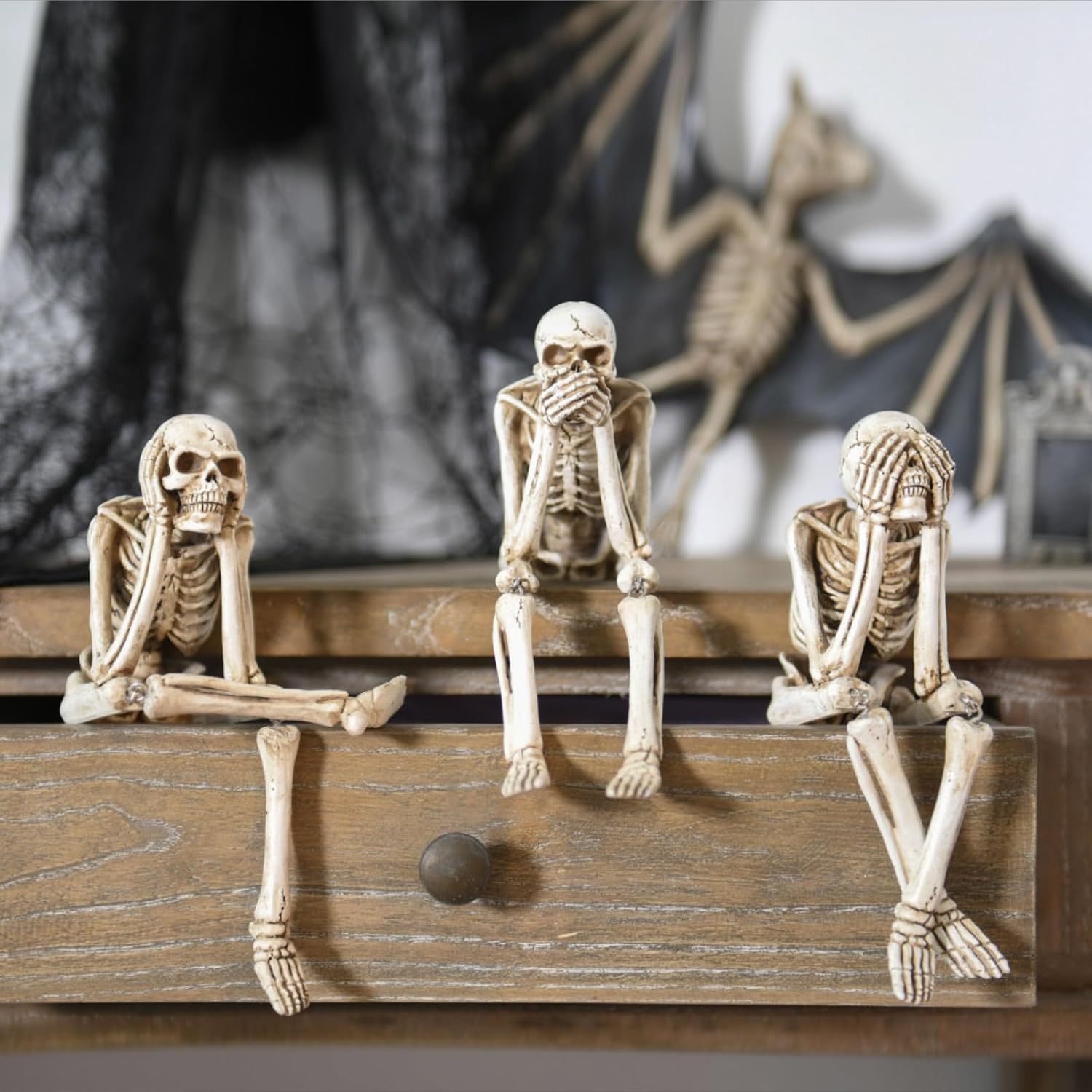Newman House Studio Halloween Statues No-Evil Skeleton Collectible-Figurines - Realistic Skull Decorations See Speak Hear No Evil Home Decor Set of 3, 2.3L x 4W x 4.3H inch