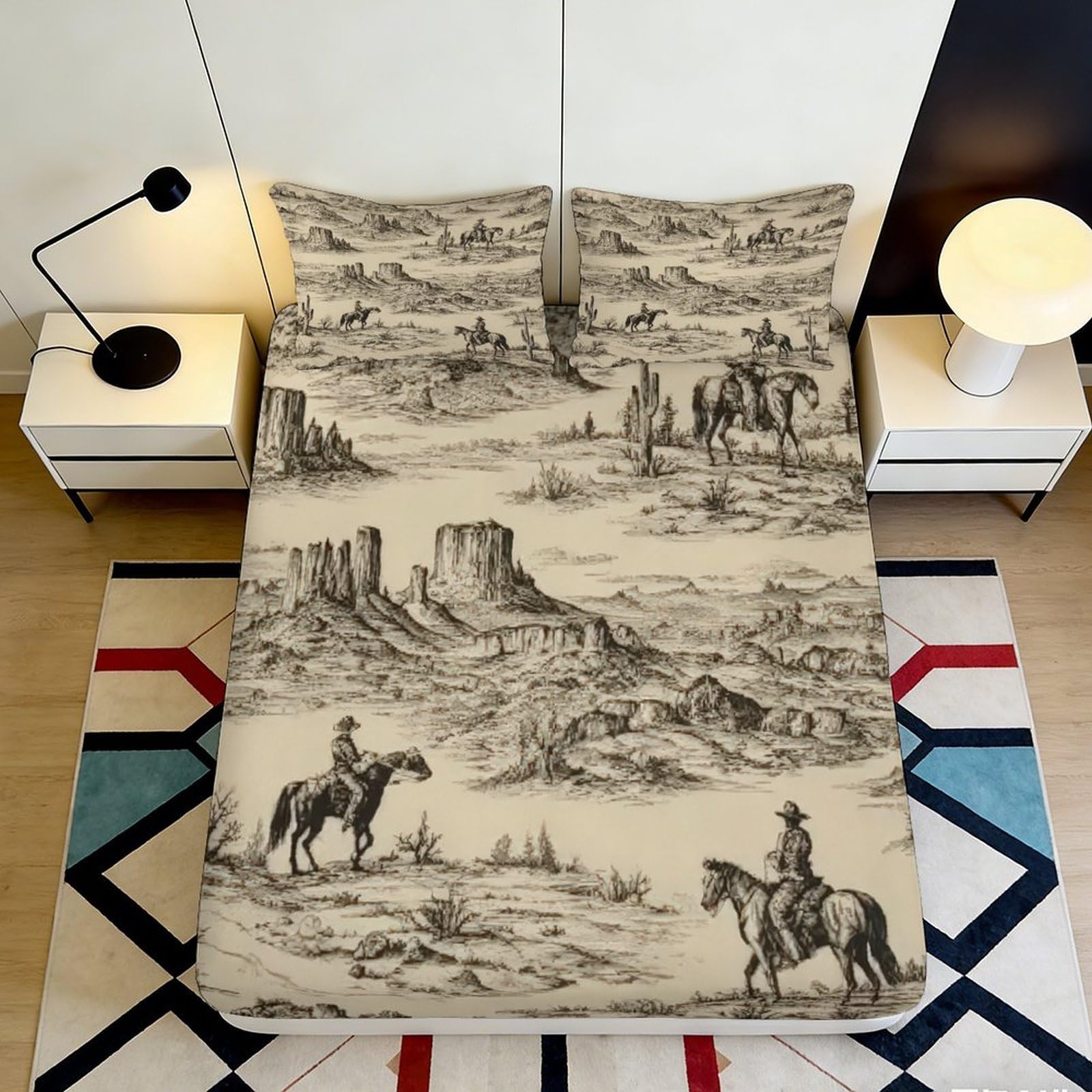 3D Printed Western Cowboy Desert Fitted Sheet Microfiber Soft Breathable Landscape Bed Cover for Bedroom Dorm Mattress Protection Decor 140x200x25cm