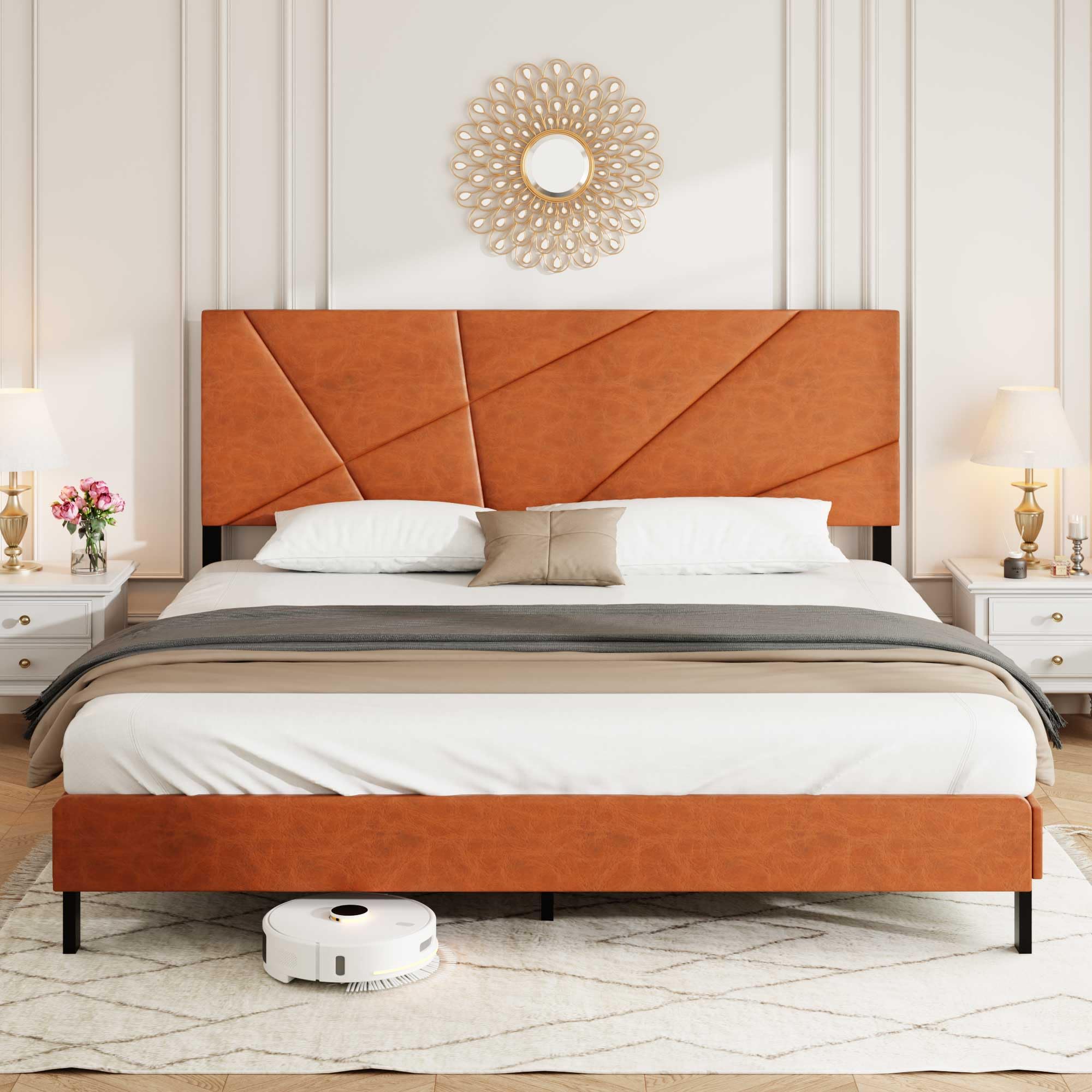 Modern Upholstered King Size Bed Frame with Headboard Metal Platform Bed with Under-Bed Storage No Box Spring Needed