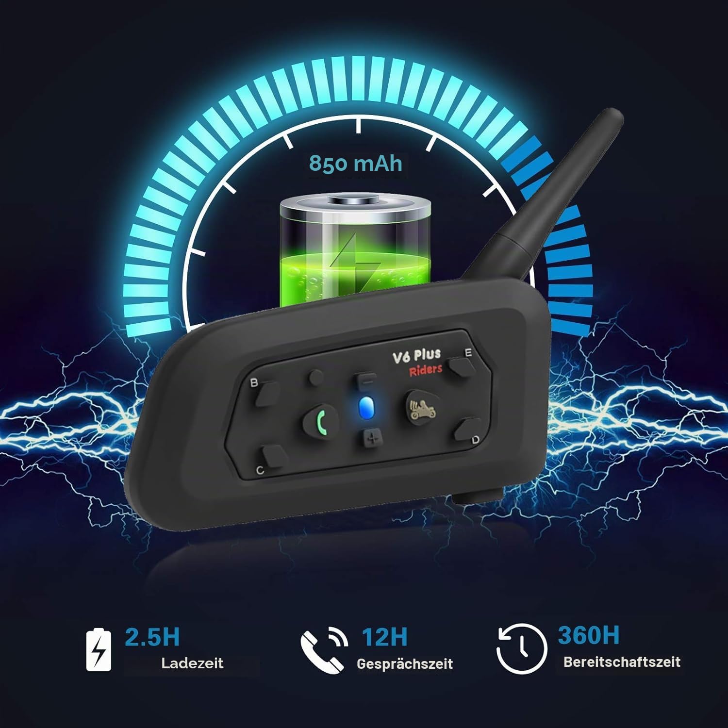 QSPORTPEAK V6 Plus Motorrad Intercom Bluetooth Headsets, 1200M bis zu 6 Fahrer Motorradhelm Interphone Gegensprechanlage Kommunikationssysteme, GPS, Freisprechen, Bluetooth 5.1, 2 Stück