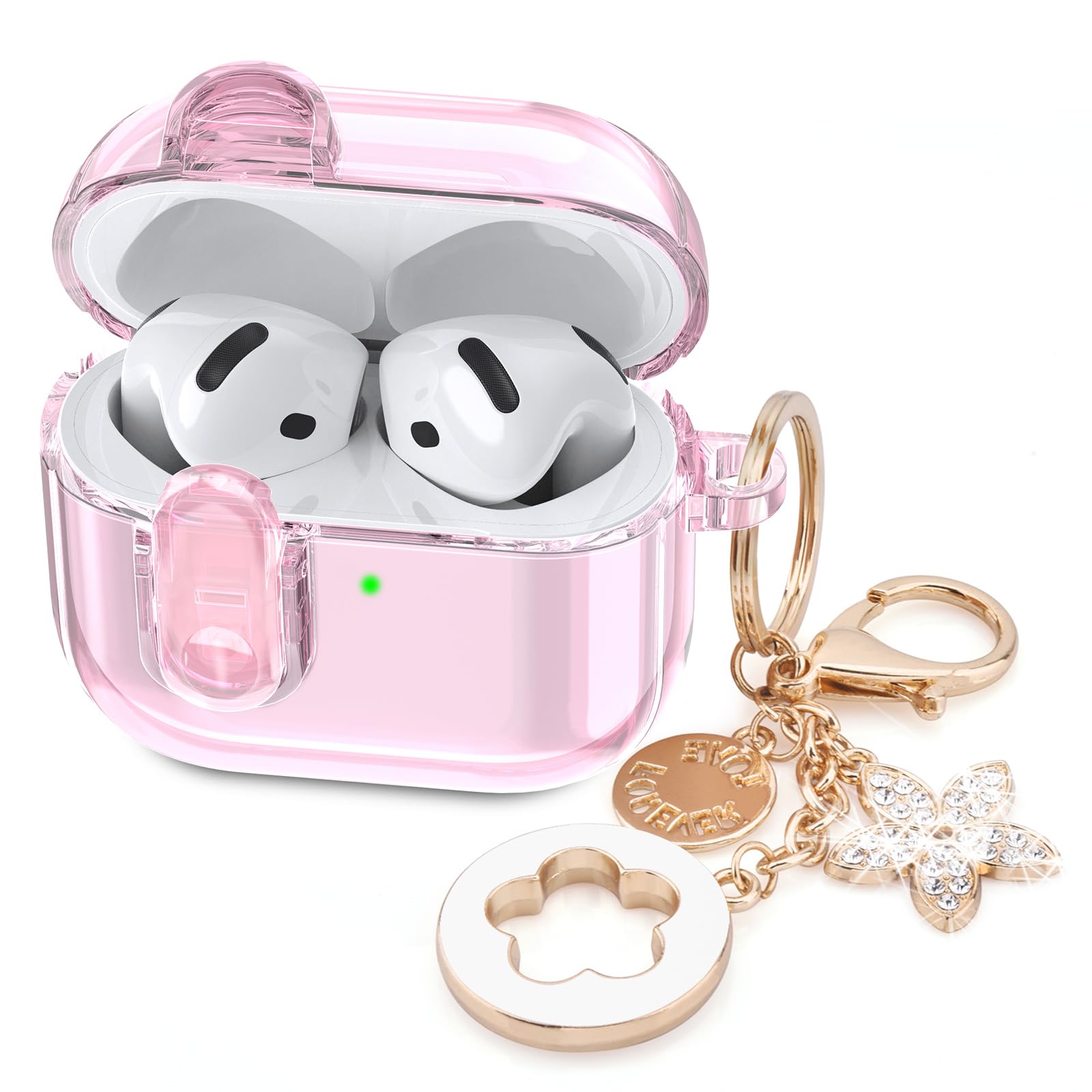 (with Safety Lock) Clear Case Compatible with Cute Apple Airpods 4 Cases 2024 Women, VISOOM Soft TPU Transparency Air pods 4 Gen Cases iPods 4 Earbuds Case Girl Bling Keychain for Airpod iPod 4th Gen