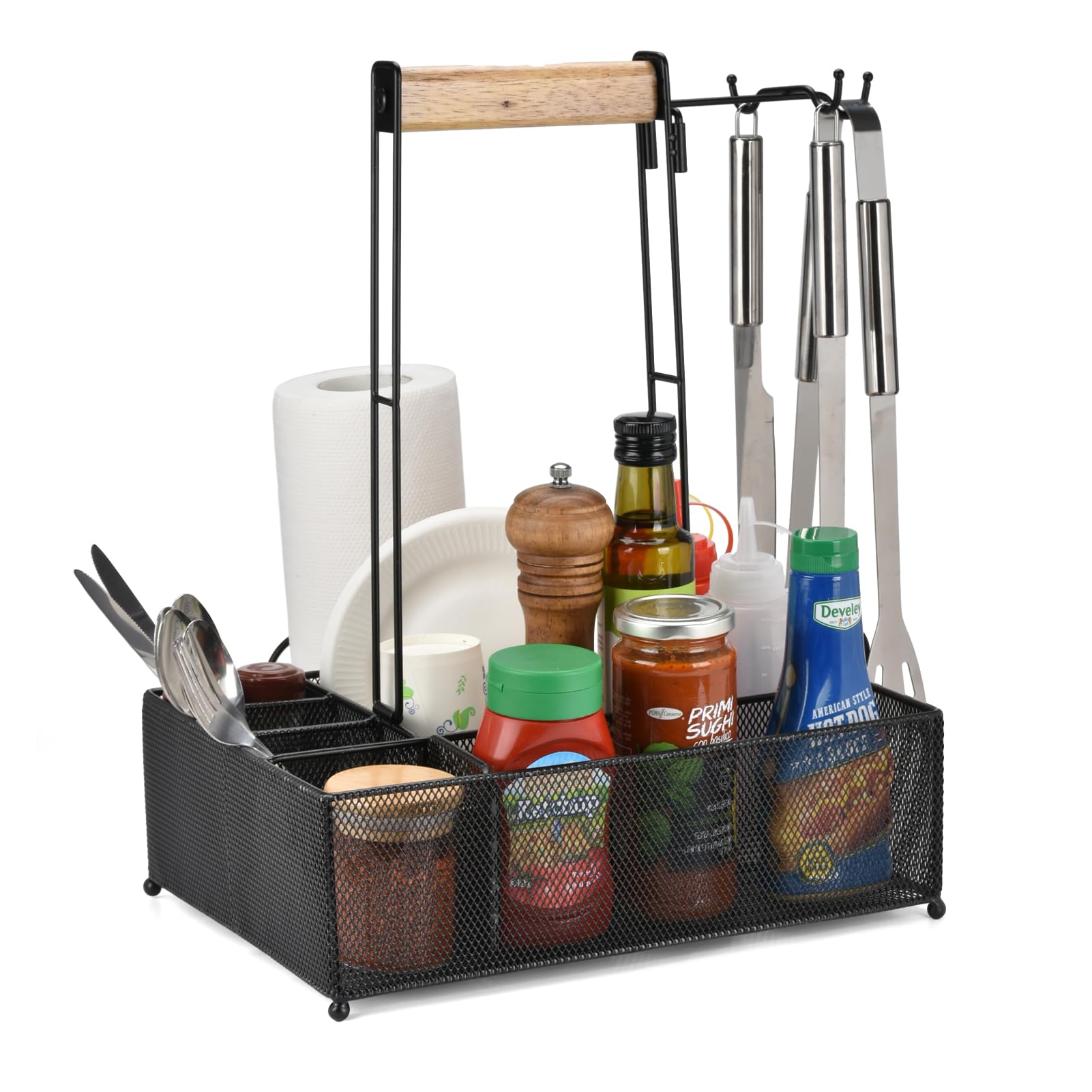 Large Grill Utensil Caddy, Metal Mesh BBQ Basket with Paper Tower