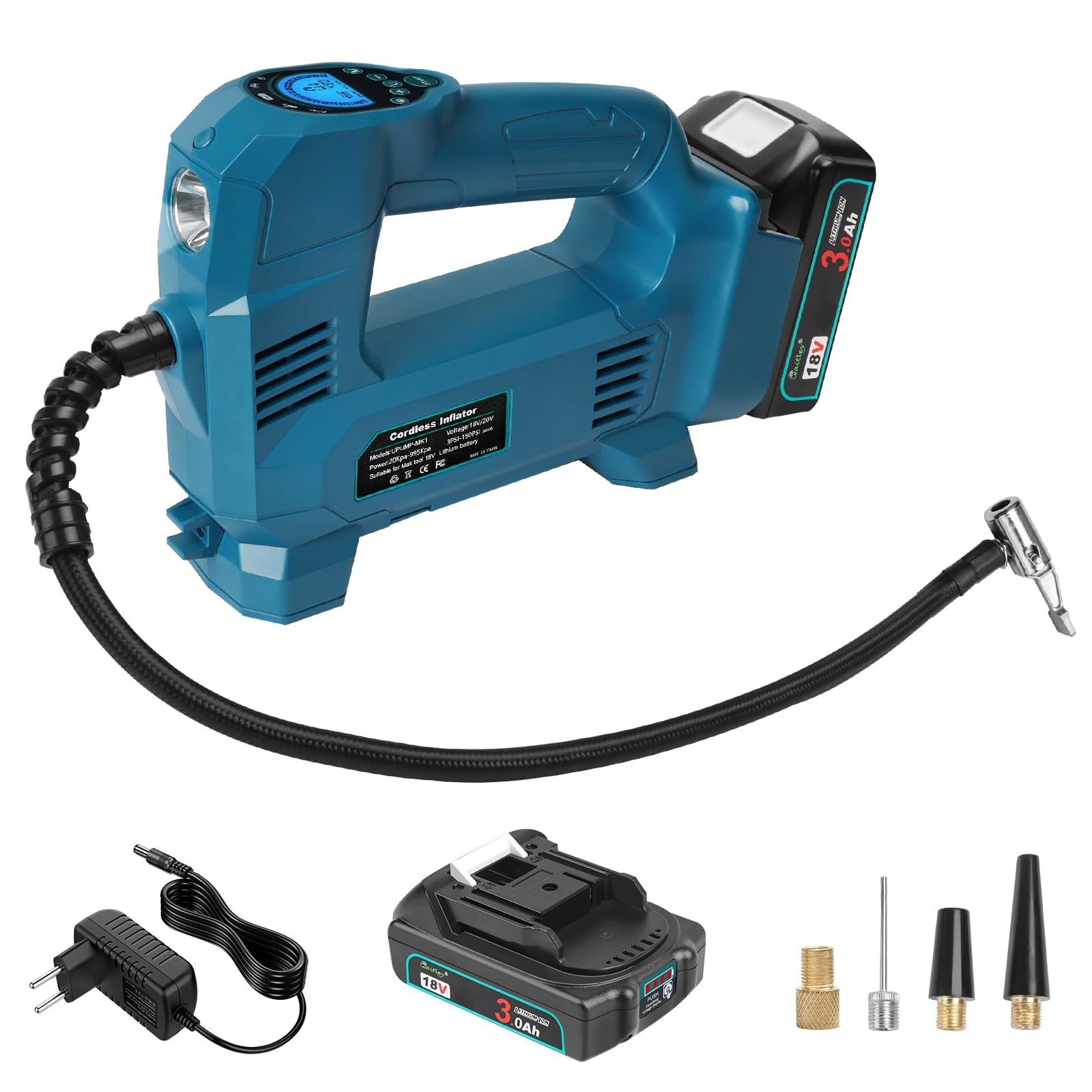 Kabelloser Akku Kompressoren kompatibel mit Makita 18V Akku 150PSI mit LED Licht Digitalanzeige und Autostop tragbare Luftkompressor mit Akku Ladegerät und Ventiladaptern
