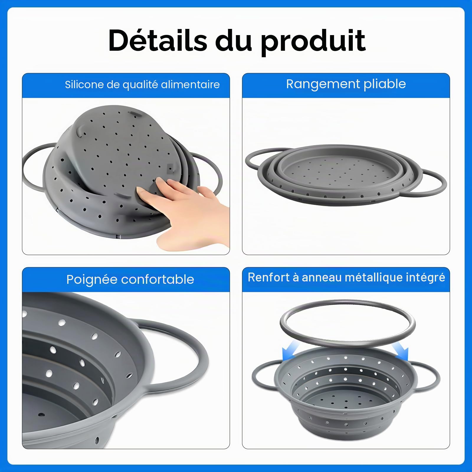 Passoire Pliable en Silicone 28 cm Sans BPA Cuisine Camping Gris