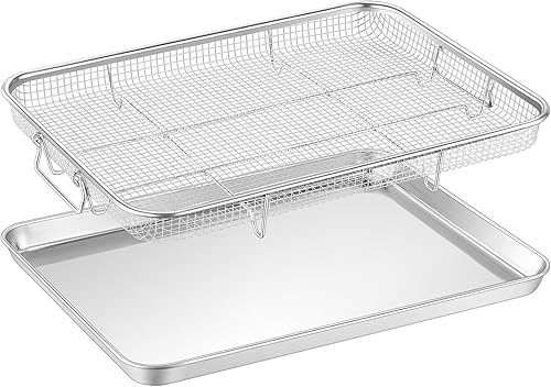 TeamFar Cesta para freidora de aire para horno, cesta y bandeja de freidora de aire de acero inoxidable de 16 x 12 pulgadas, rejilla para freidora