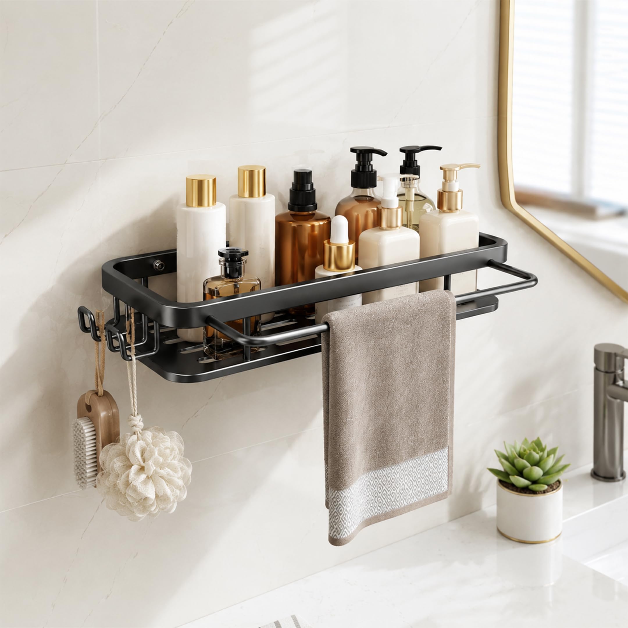 HomeEssentials Multi-Functional Aluminum Alloy Wall-Mounted Bathroom Storage Rack (32cm) | Rust-Proof Bathroom Shelf | Drill-Free Installation | Organizer for Shampoo, Soap, Toiletries-image-45