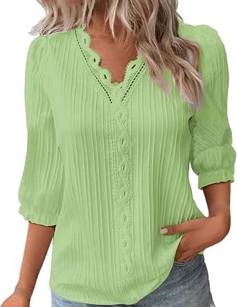 Women Summer Lace V Neck Plain Lace Elegant Shirt Fashion Solid Color