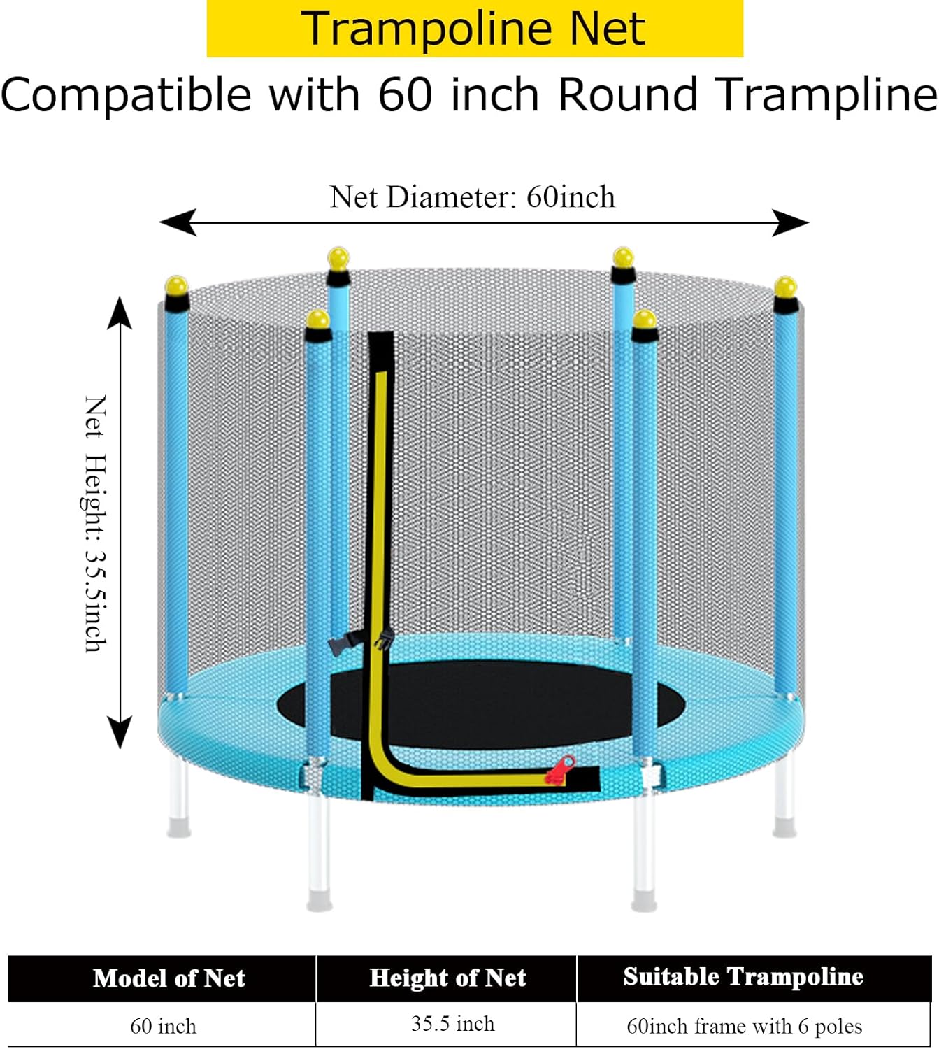 55" 60" Trampoline Replacement Net, with Zippers, Protection Buckles(Net Only)