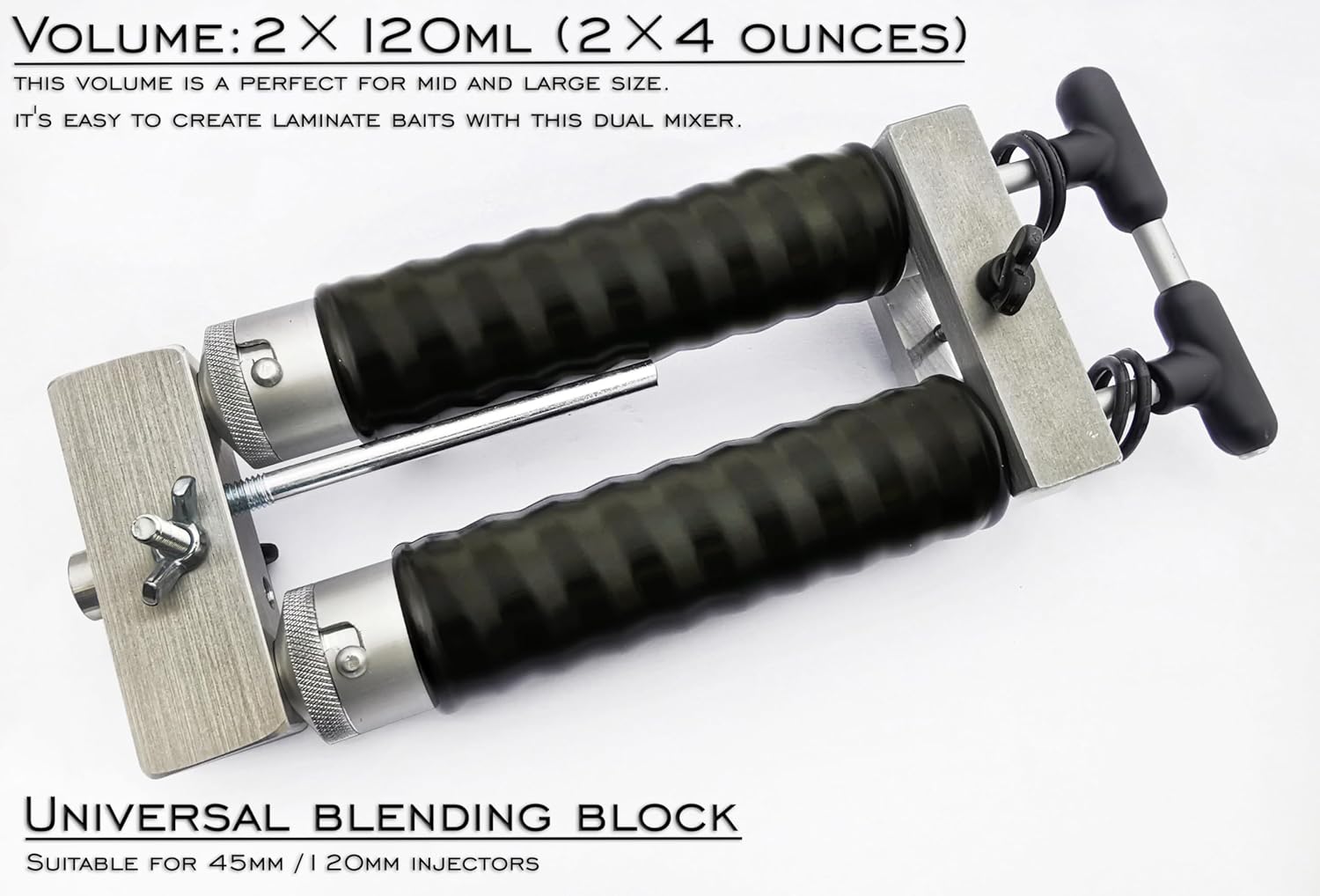 Aluminium Twin Dual Color Injector DIY Kit 2x4 oz / 2x120 ml for Soft Plastic Plastisol Color Fishing Bait Baits, Mold Molds Form Lure Tackle Making. with Locking Nozzle on The end of Injectors