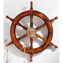 Wooden Ship Wheel - Nautical Boat Steering Wheel, Handcrafted Solid Wood & Brass Center Hub - Vintage Pirate Ship Helm, Rustic Maritime Wall Decor for Home, Office. Brown Plain 24 inch