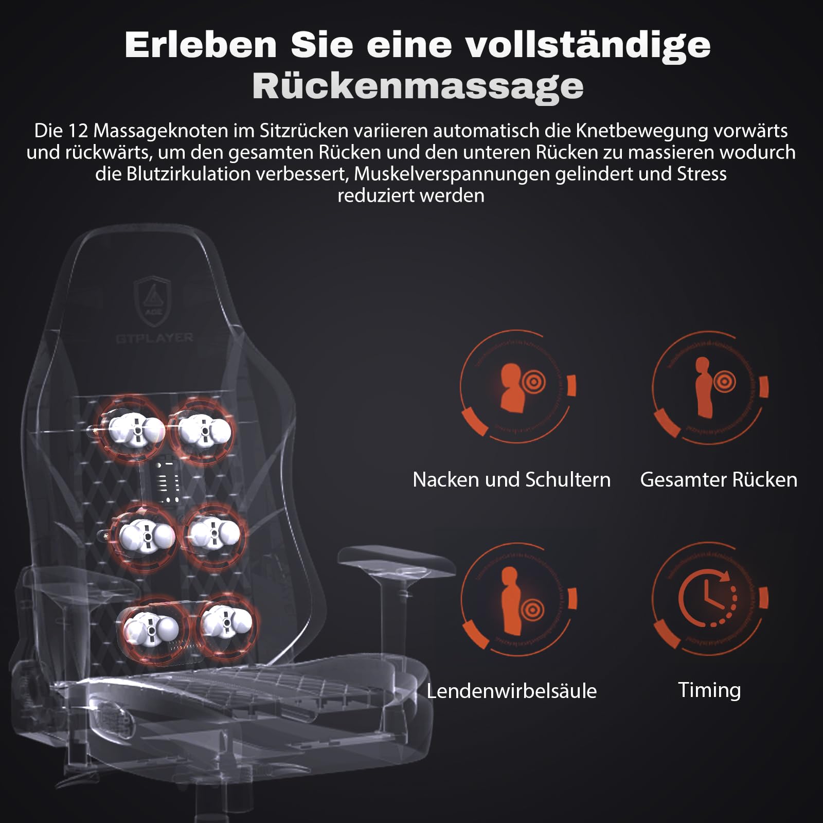GTPLAYER Gaming Stuhl mit Massage, Gamer Stuhl mit Taschenfederkissen Fußstütze, Ergonomischer Gaming Sessel Bürostuhl 4D Armlehnen,Orange