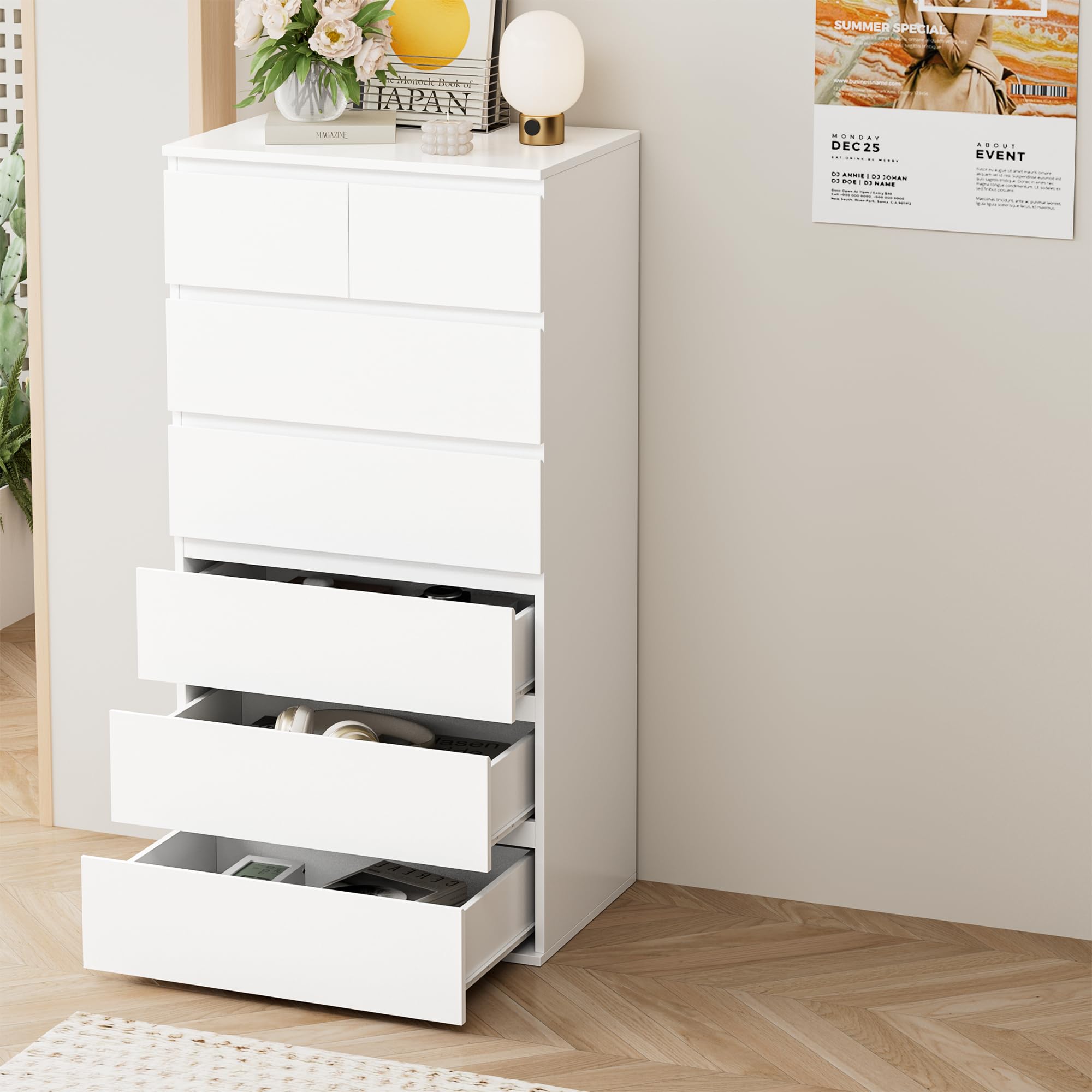 FOREHILL 119cm Sinfonier Dormitorio Alto Estrecho 7 Cajones Moderno, Blanco | Cómoda Vertical Cajonera Almacenaje Complementario para Armario Ropero, Ahorro Espacio para Pisos Pequeños, 60An.x40F.x119cm