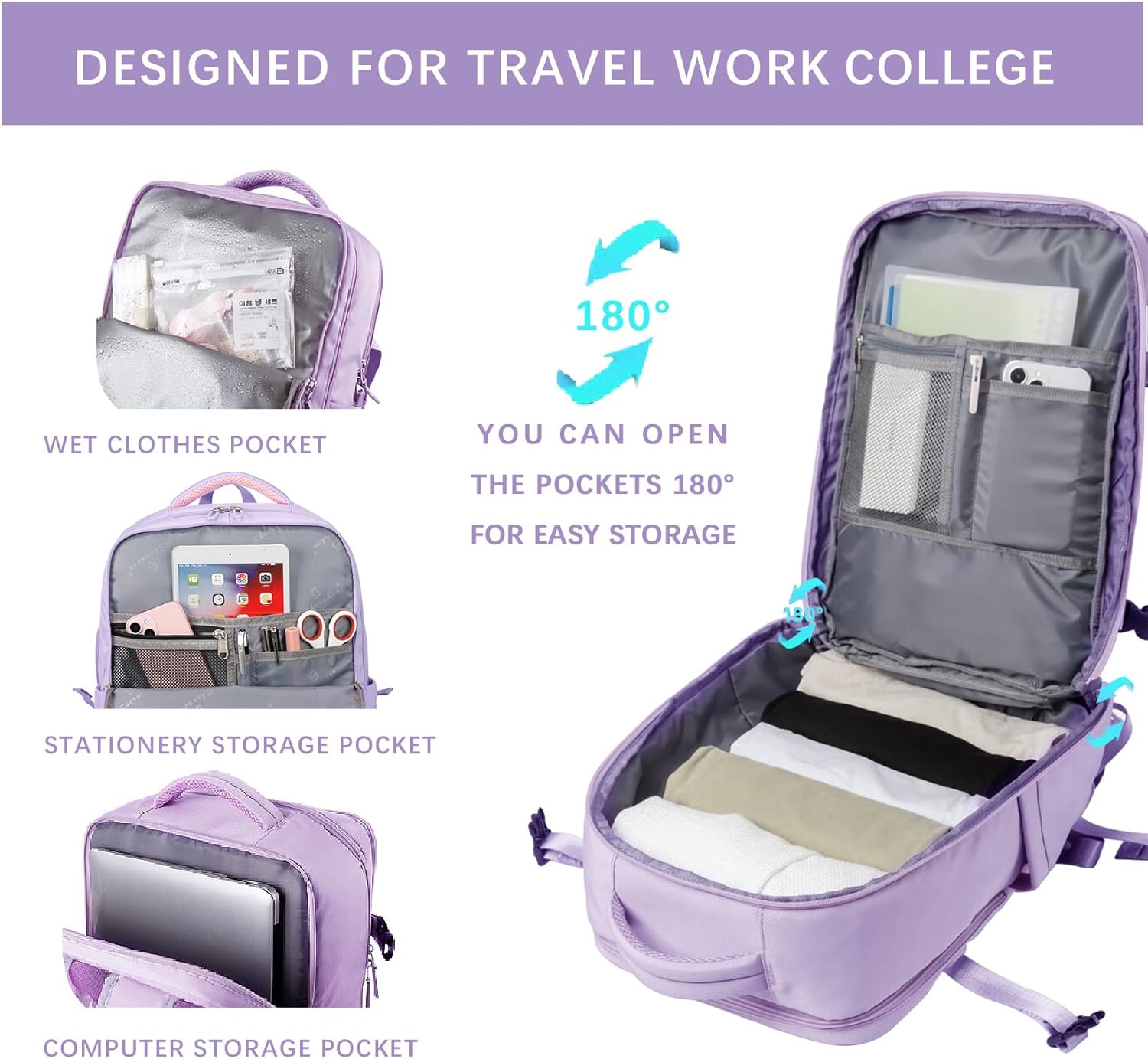 SHRRADOO Travel Laptops Backpack for Women Men, Casual Work Bag 17inch High School College Backpack Airline Approved Backpack for Hiking Business (Light Purple) - Image 5