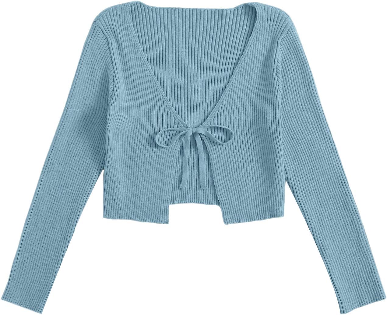 Floerns Women's Tie Front Long Sleeve Rib Knit Shrug Sweaters Cardigan Crop Top