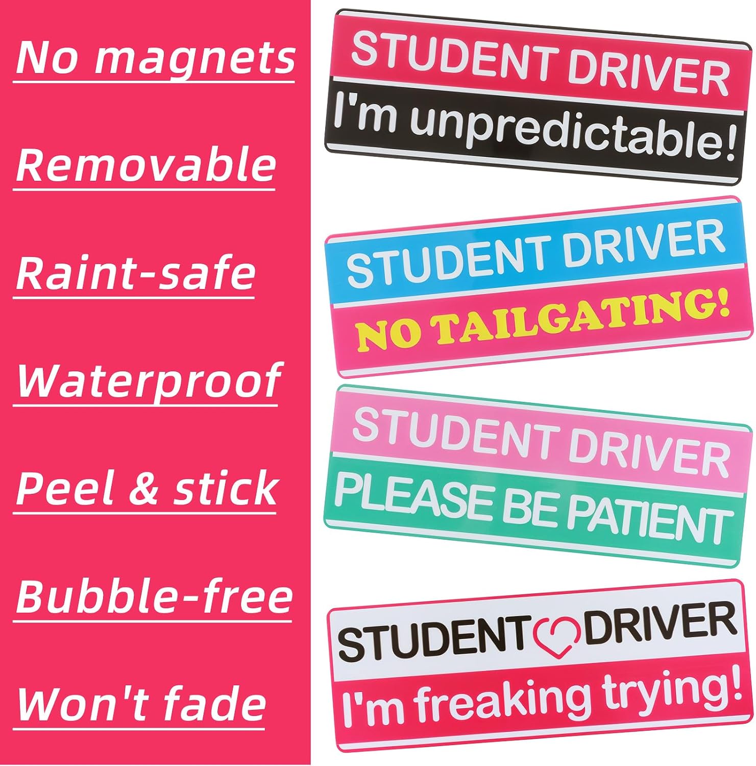 Ymapinc Student Driver Sticker for Car, 4PCS New Driver Funny Car Decals Non-Magnetic Removable Vinyl Student Stickers “I'm Unpredictable,No Tailgating,Please Be Patient,I'm Freaking Trying”