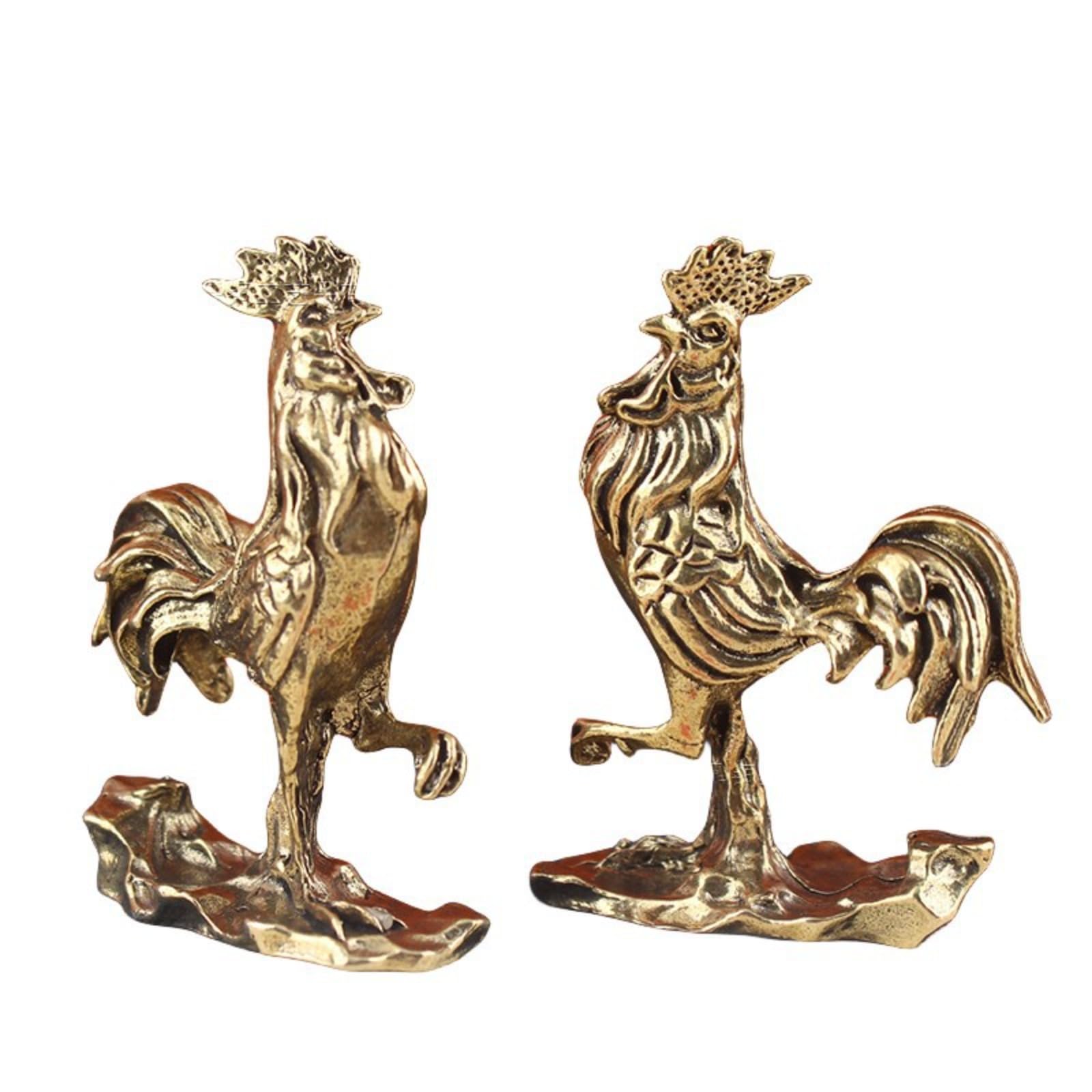 NGDFGR 2Pcs Brass Rooster Miniature Figurines,Metal Zodiac Chicken Statue Sculpture Desktop Ornament Sand Table Bonsai Micro Landscape Decor Accessories