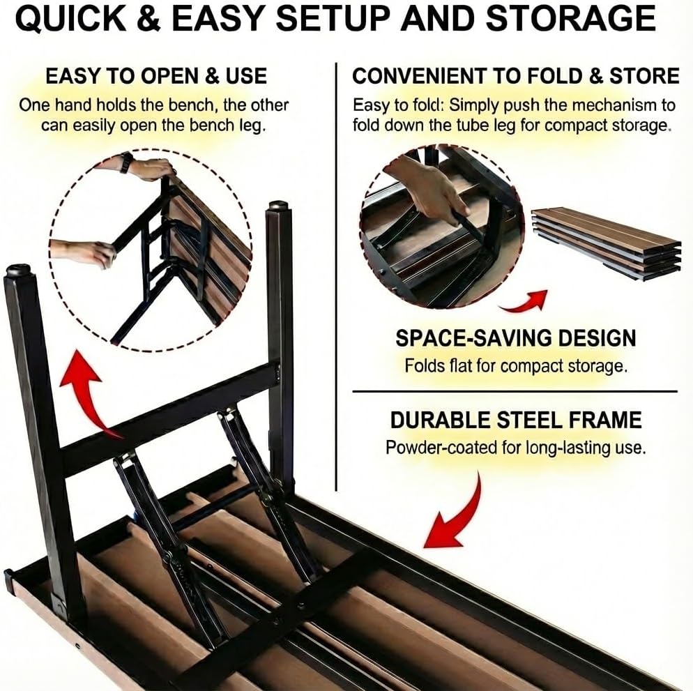 Collapsible Portable Folding Benches Seat for Outside Seating Soccer Sports Team Camping Foldable Bench Iron Tubes,Brown-59.25"