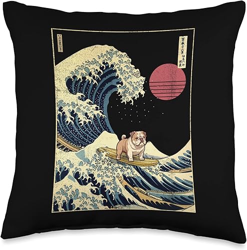 Miniatura 5 de English Bulldog Kanagawa Wave - Almohada divertida para perro de surf, 18 x 18 pulgadas, multicolor