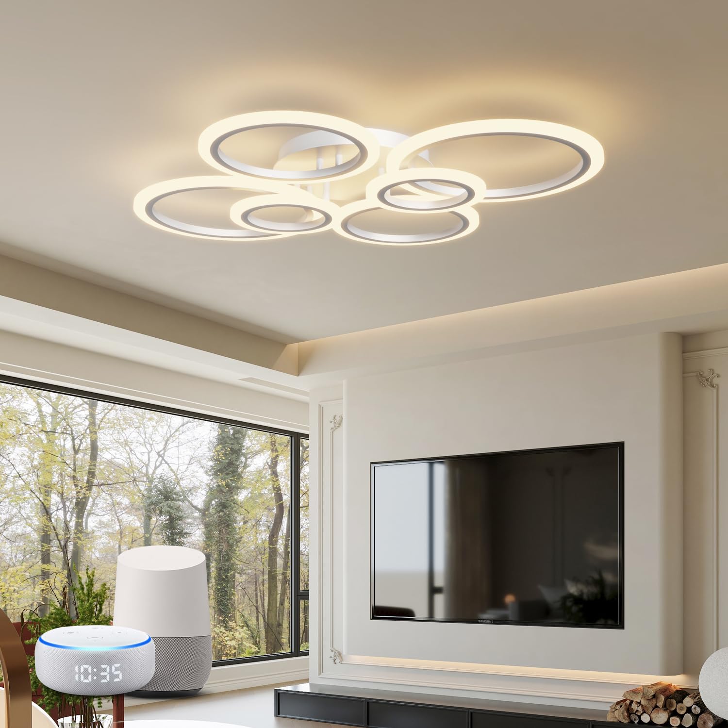 YUNLONG Smart Ceiling Lights Living Room Compatible with Alexa, Google Home, WiFi Modern Led Ceiling Lighting 6 Ring, Ceiling Lamp Dimmable with Remote, for Lounge, Bedroom, Sitting Room, White โ image 1