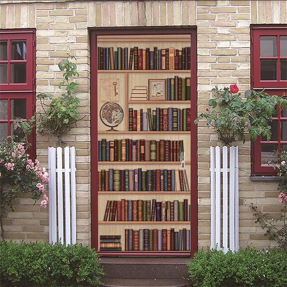 Adesivi per Porte 90x215cm Libreria Adesivo Porta Interna Semplicità 3D Pellicola Adesiva Carta da Parati Soggiorno Bagno Autoadesivo Porta Murale Decorazione