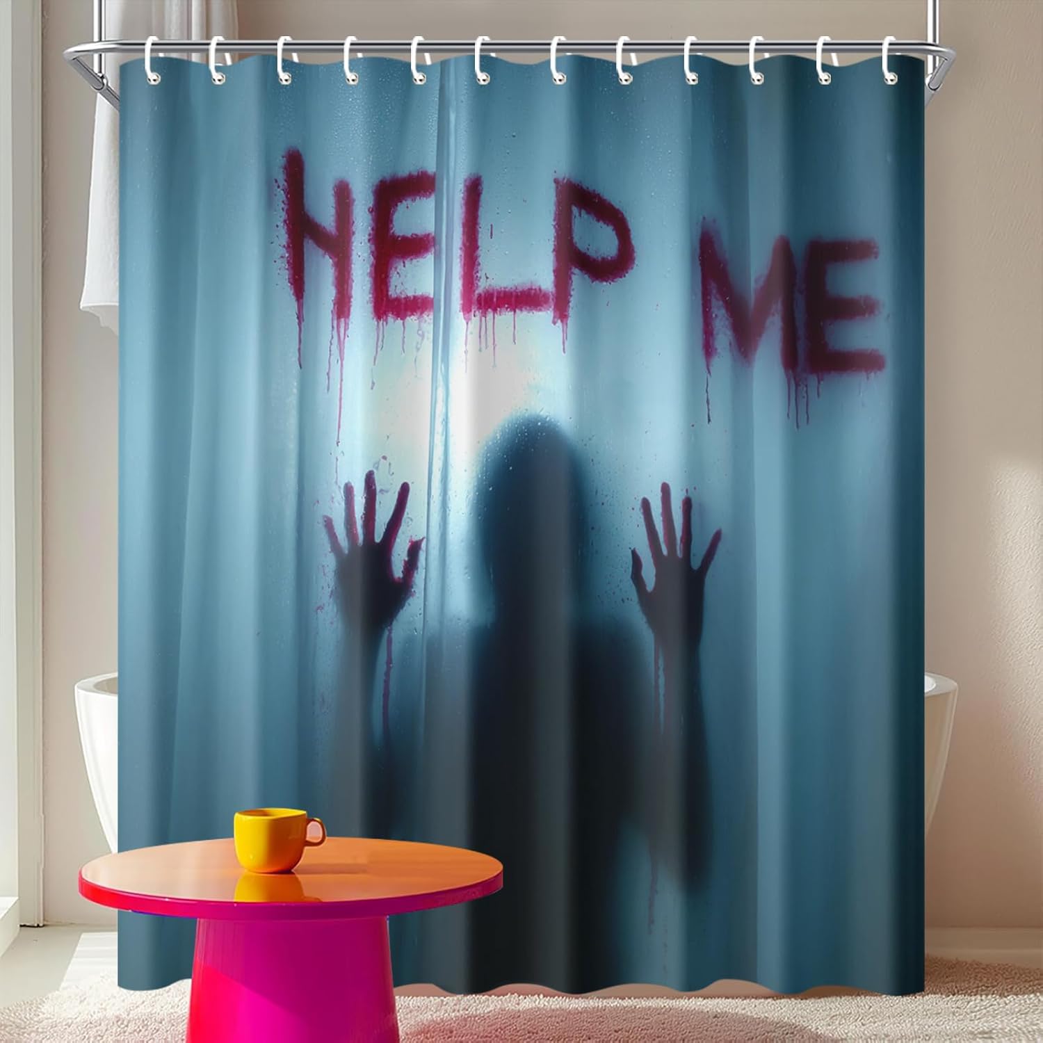 Horror Shower Curtain 72x72 Inch with Hooks Creepy Shadow Silhouette with Help Me Message Design Fabric Bathroom Decor for Halloween Prank Spooky Party Bathtub Setup