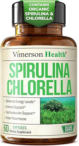 Cápsulas orgánicas de espirulina y clorella, cápsulas de espirulina con polvo de clorella para apoyo inmunológico, antioxidante y energético.