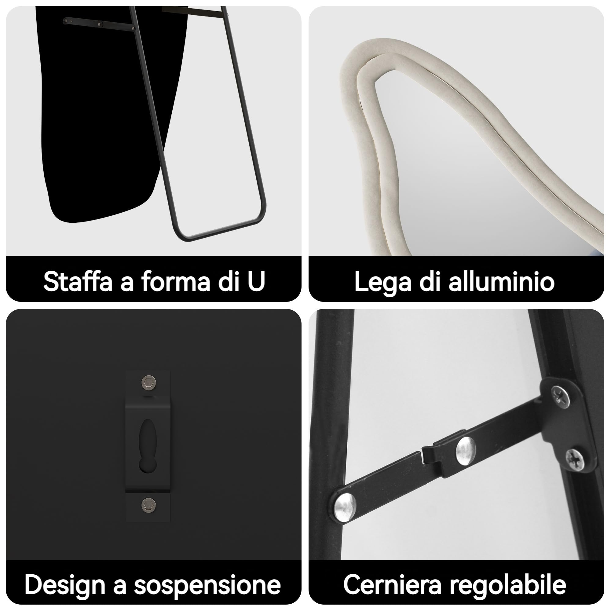 Specchio intero 160 x 50 cm, asimmetrico curvo, con cornice in tessuto di velluto, grande specchio da parete per soggiorno, camera da letto, sospeso/in piedi (bianco A, 160 x 50)