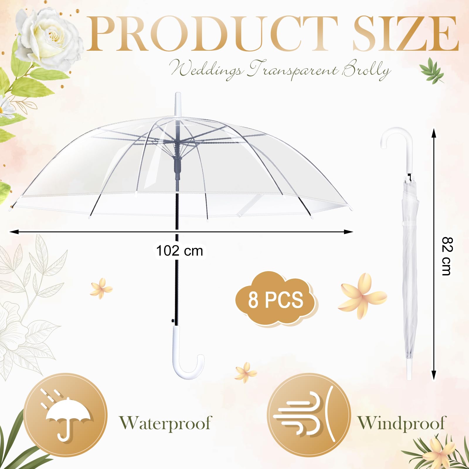 Hestya 8 Stück Transparenter Hochzeitsschirm & Durchsichtige Regenschirm | 102 cm Transparenter Regenschirm Hochzeit für Braut, Brautjungfern - Hochzeitsfotos & Leichter Foto & Dekoschirm
