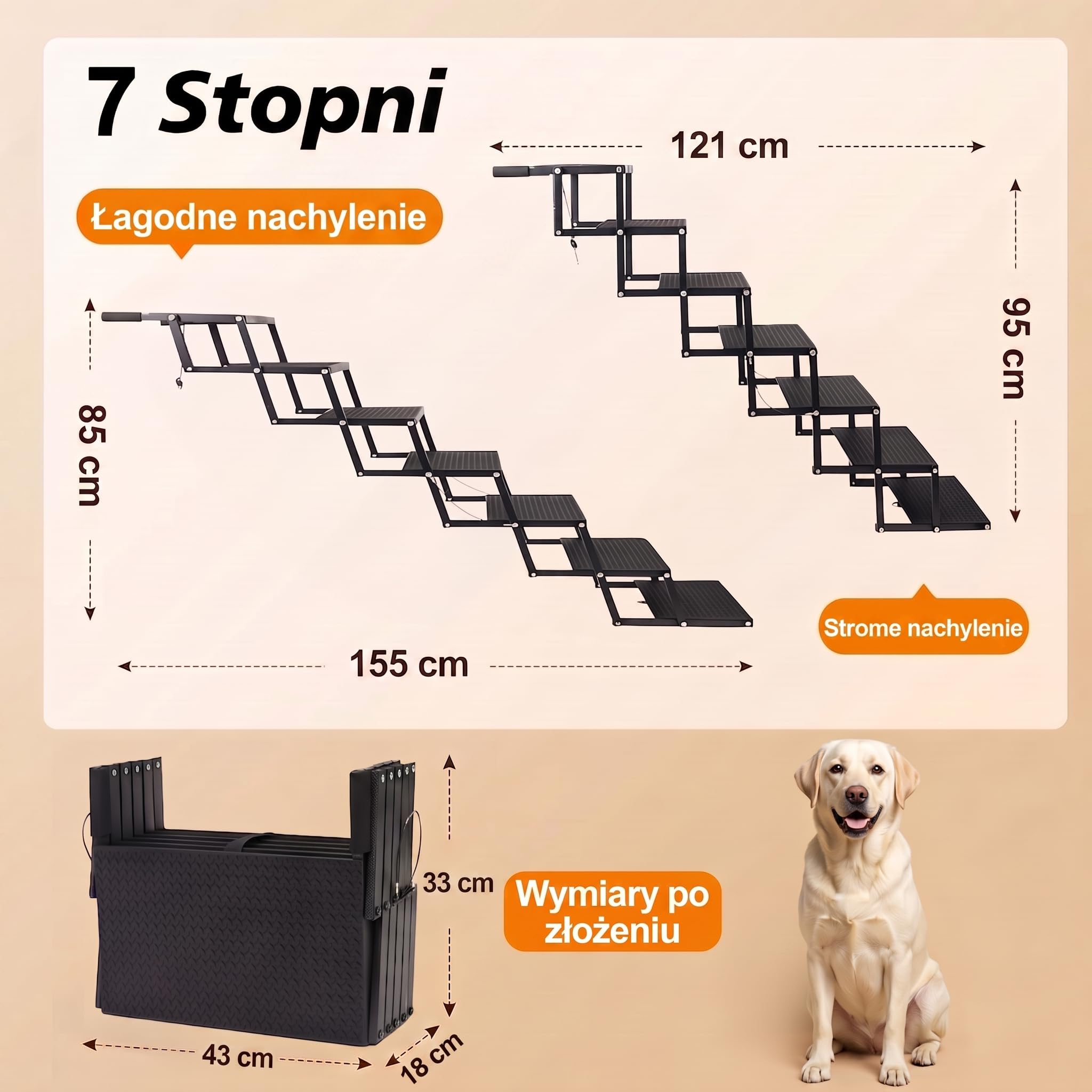 Schody dla psa, składane, dla dużych psów (do 113 kg) i starszych psów, chroni stawy, pomoc przy wsiadaniu do samochodu, SUV, ciężarówki, drabinka dla psa, składana, z wkładką antypoślizgową, 7 stopni