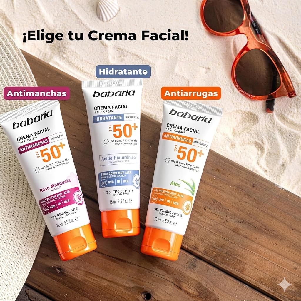 Babaria Crema Solar Facial SPF50+ con Ácido Hialurónico 75 ml – Hidratante, Antiarrugas y Antimanchas | Protector Solar 50 Facial UVA UVB e Infrarrojos