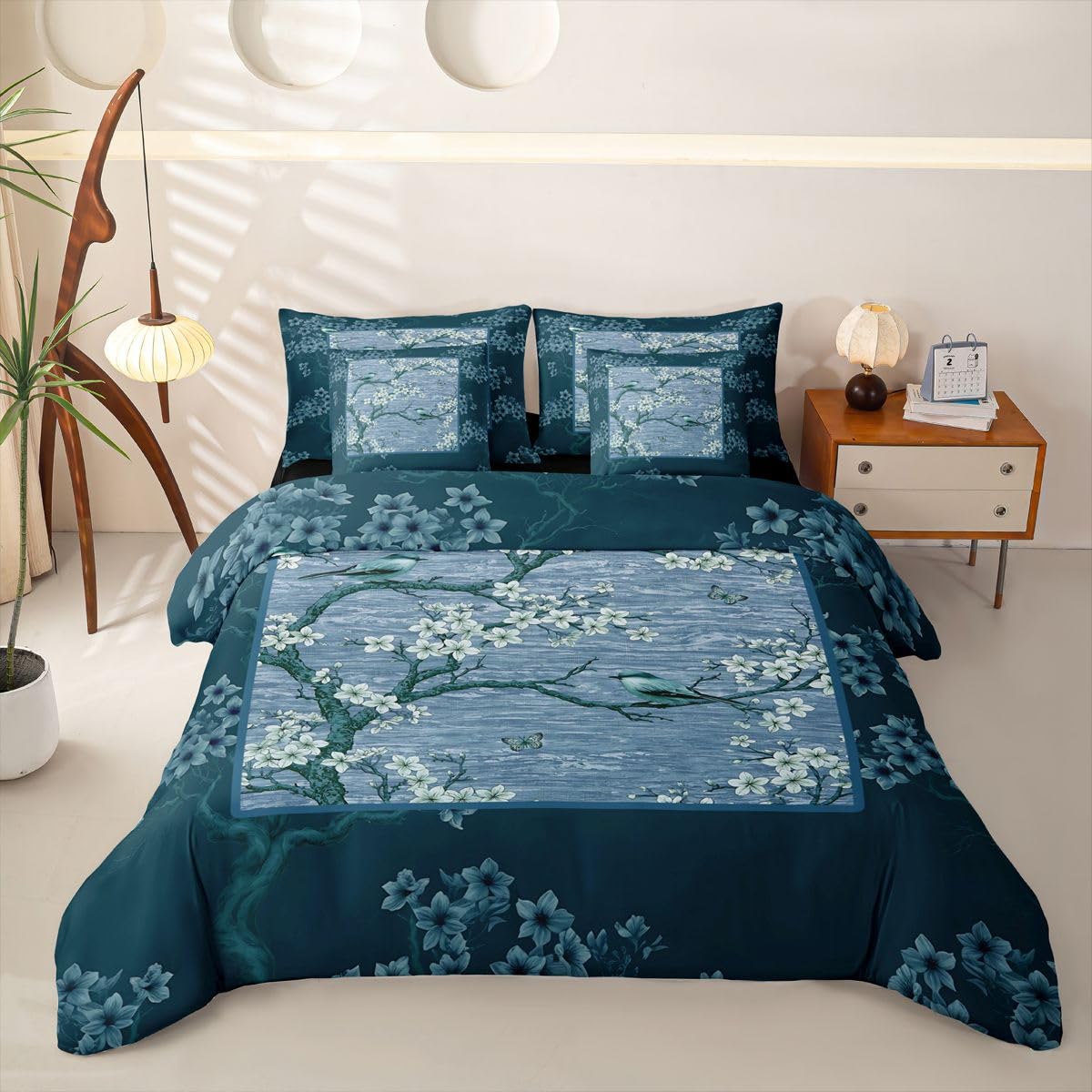 Homewish Blaue Blumen Bettwäsche 155x220 7teilig