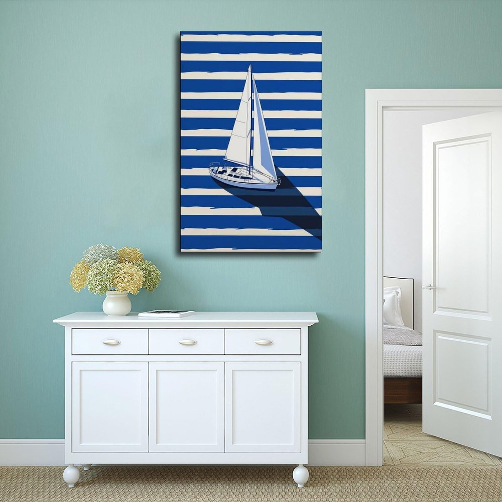 Minimalistisches nautisches Segelboot, Segelboot, blauer Ozean, Dekoration, Leinwandposter, Wandkunst, Druck, Bild, Gemälde für Wohnzimmer, Schlafzimmer, Dekoration, 50,8 x 76,2 cm (L x B)