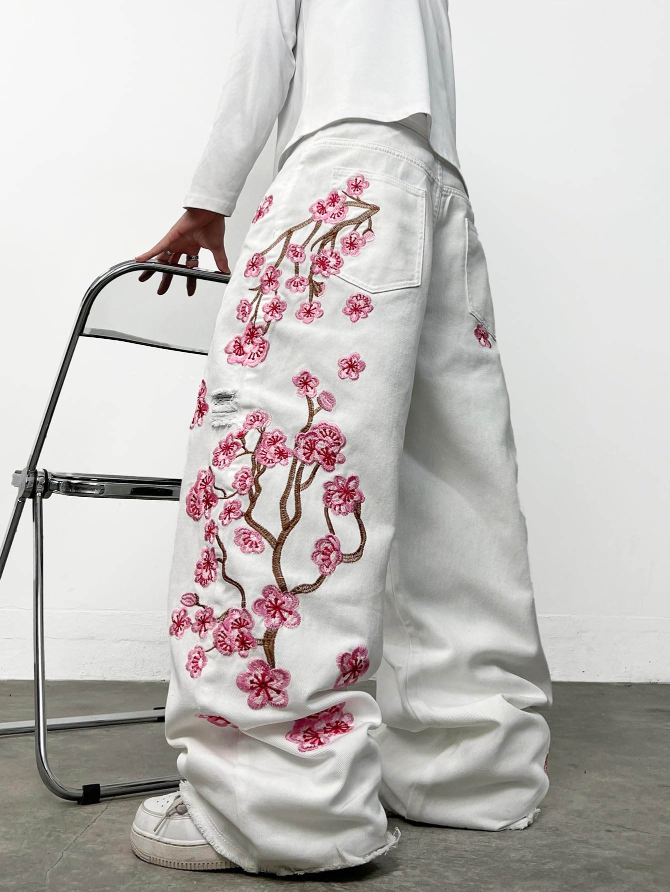 Jeans larghi ricamati da uomo, stile hip hop, fiori di prugno, gamba larga, Y2K