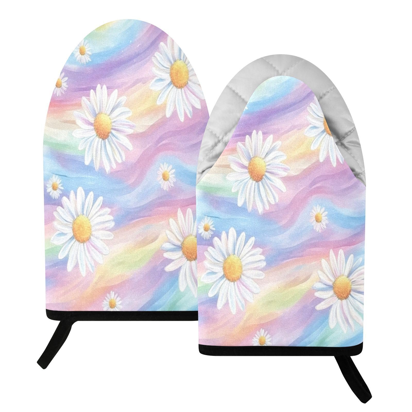 BURSTDDY Rainbow Daisy Oven Mitt,Heat Resistant Kitchen Mitts for Cooking