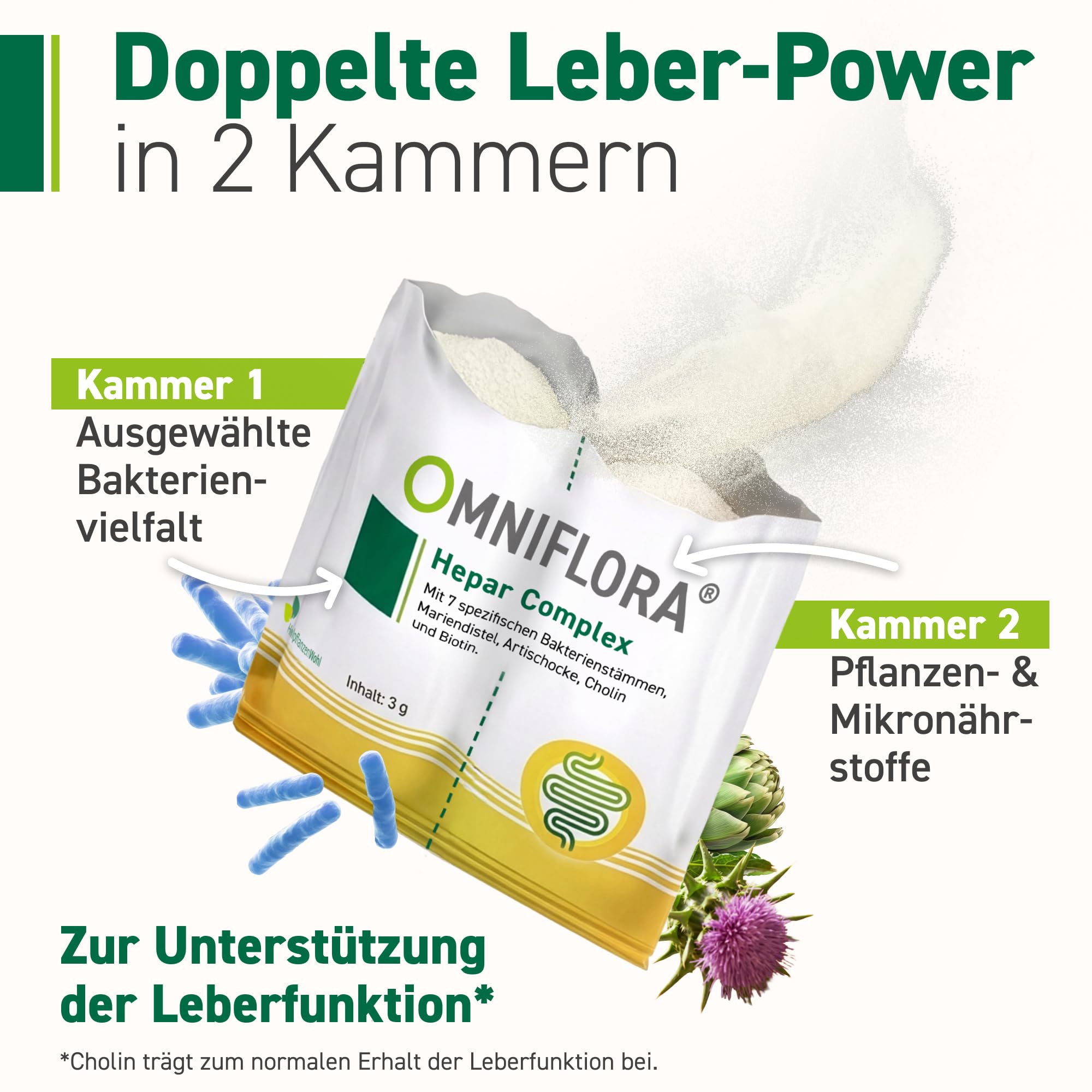 Omniflora Hepar Complex – Mariendistel, Cholin & 7 Kulturen – 30 Sachets | Cholin für eine normale Leberfunktion · Mit Mariendistel, Artischocke & 7 Bakterienkulturen · 2-Kammer-Sachet · Glutenfrei