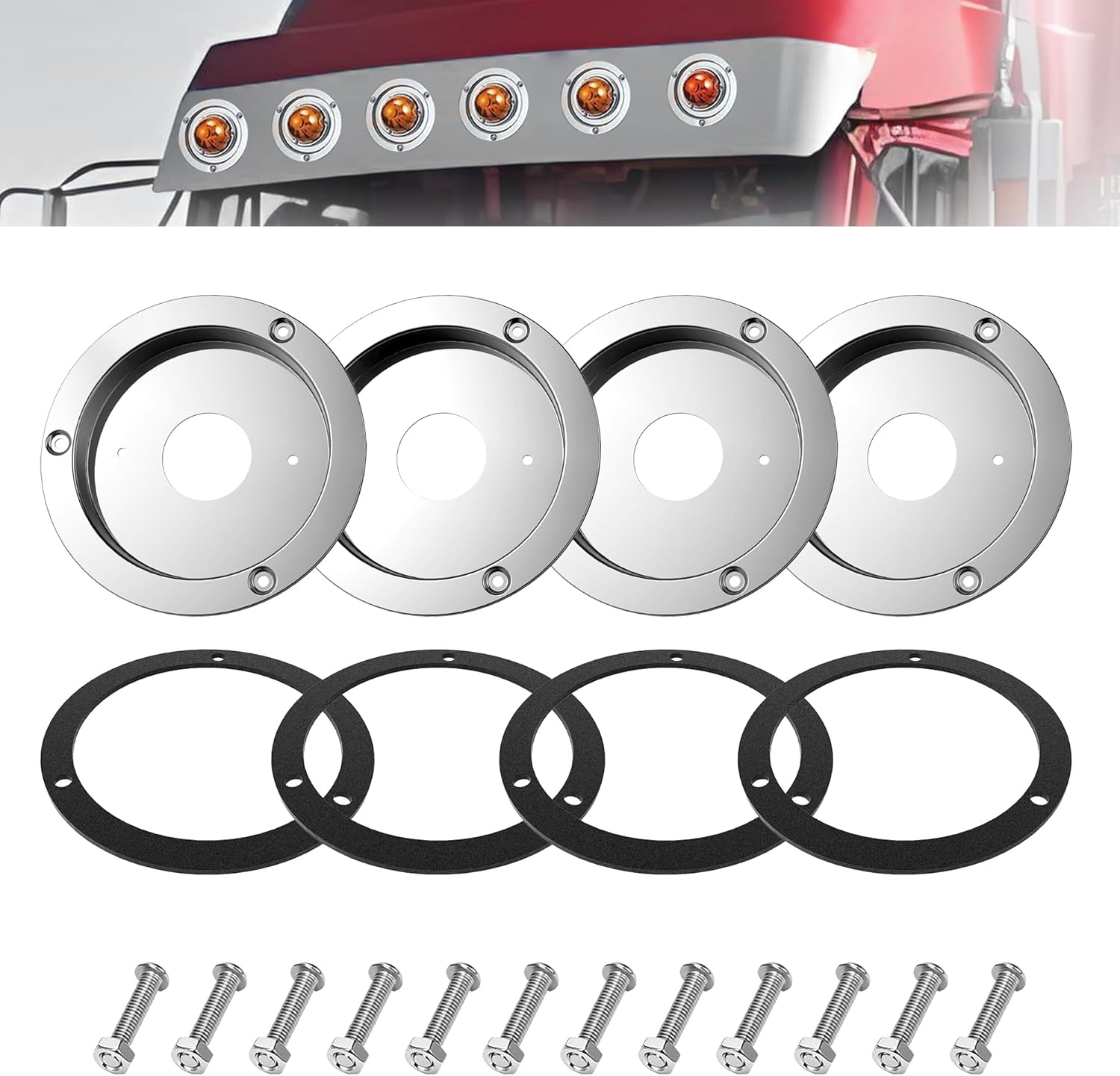 4 Pack Stainless Steel Watermelon Light Brackets, Round Marker Light Bezel Covers with Foam Gaskets, Universal Bunk Adapter Mounting Kit for Truck Trailer RV (Lights Not Included)