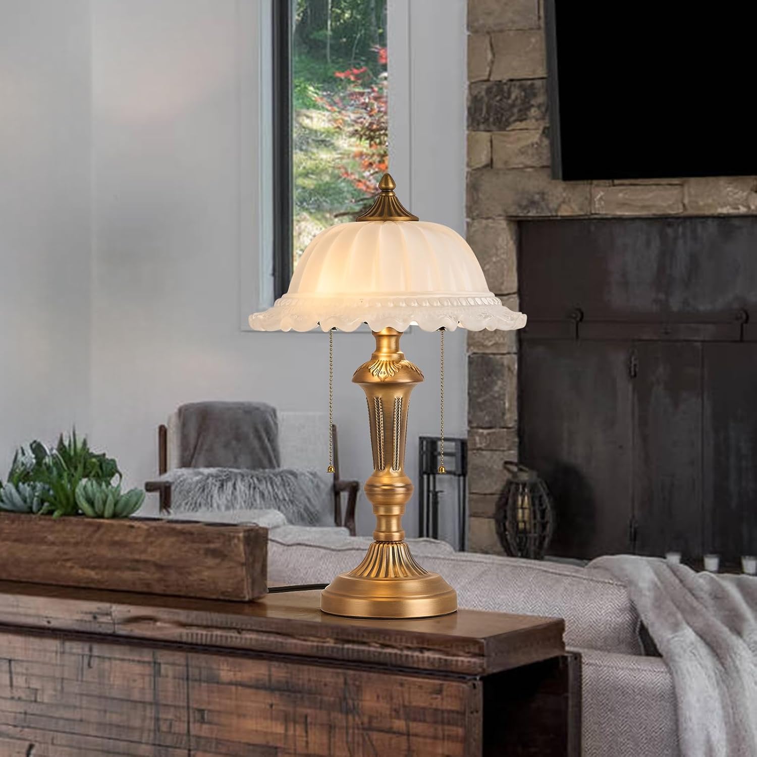 HDDFL Glass Shade Table Lamp Vintage Metal Desk Lamp 2 Lights Table Light with Plug Switch for Bedroom Living Room Home Office Brass and White