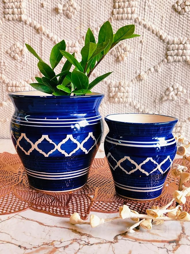 Image of Niyara Stylish Ceramic Pots Planters for Indoor Plants,Succulent,Outdoor,Balcony,Home,Garden,Office (Set of 3) Size -Large 9 inches 7 inches & 5 inches (Moroccan Blue and White Set of 2)