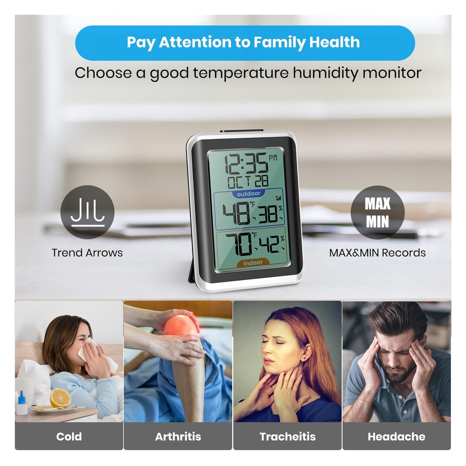 Termómetro For Interiores Y Exteriores, Higrómetro Digital Inalámbrico, Medidor De Temperatura Con Tiempo, Rango 200 Pies/60 M, Humedad Preciso Rápido Monitorización Tiempo Real(8688-3)