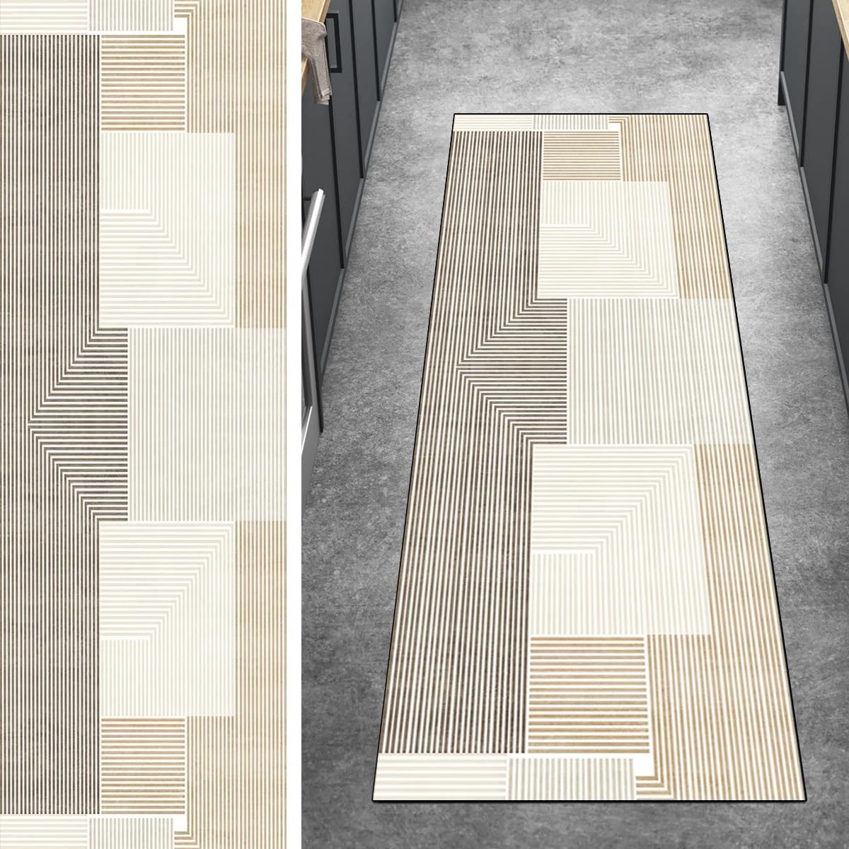 Tapis de couloir moderne lavable et antidérapant à rayures beiges