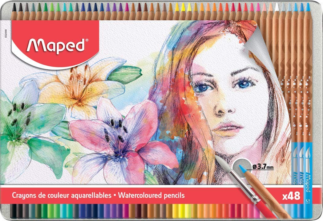 MAPED Boite Métal de 48 Crayons de Couleur Artistes Aquarellables avec Pinceau
