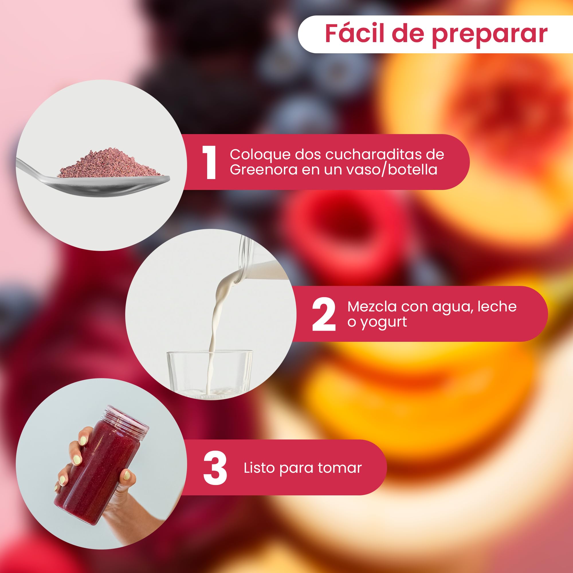GREENORA Fruta Liofilizada en Polvo de Plátano, Melocotón, Dátil, Arándanos, Remolacha, Frambuesa y Mora, Ideal para Smoothies, Bowls y Recetas, Sin Azúcar, 8 Servicios