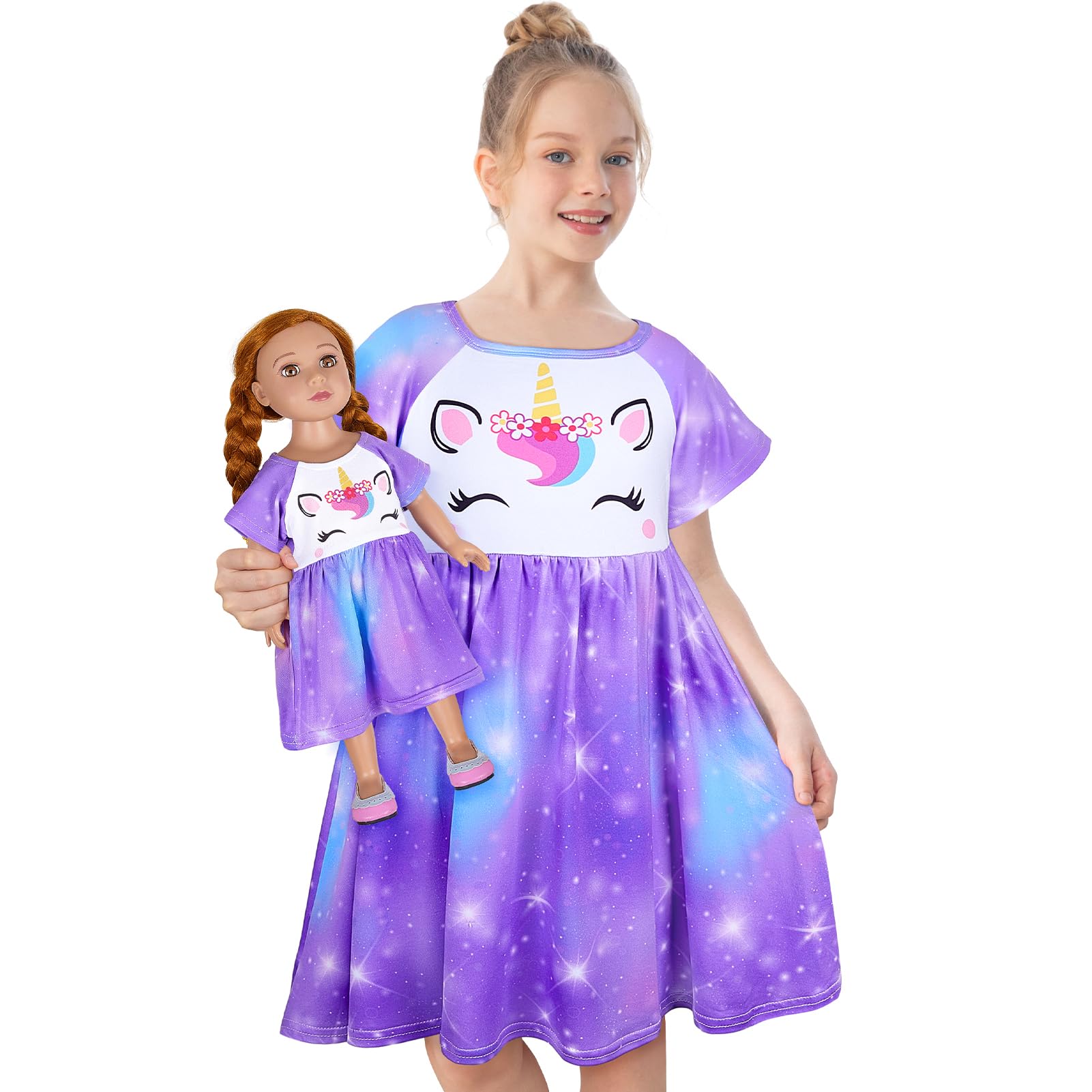 Play Tailor Doll & Girl Matching Nightgown for 18" Doll Clothes Accessories | Doll Not Included, Doll Clothes for 18 Inch Dolls, Birthday Christmas Gift, Soft Breathable Stretch Fabric, Knee Length Colorful Lavender 4-5T